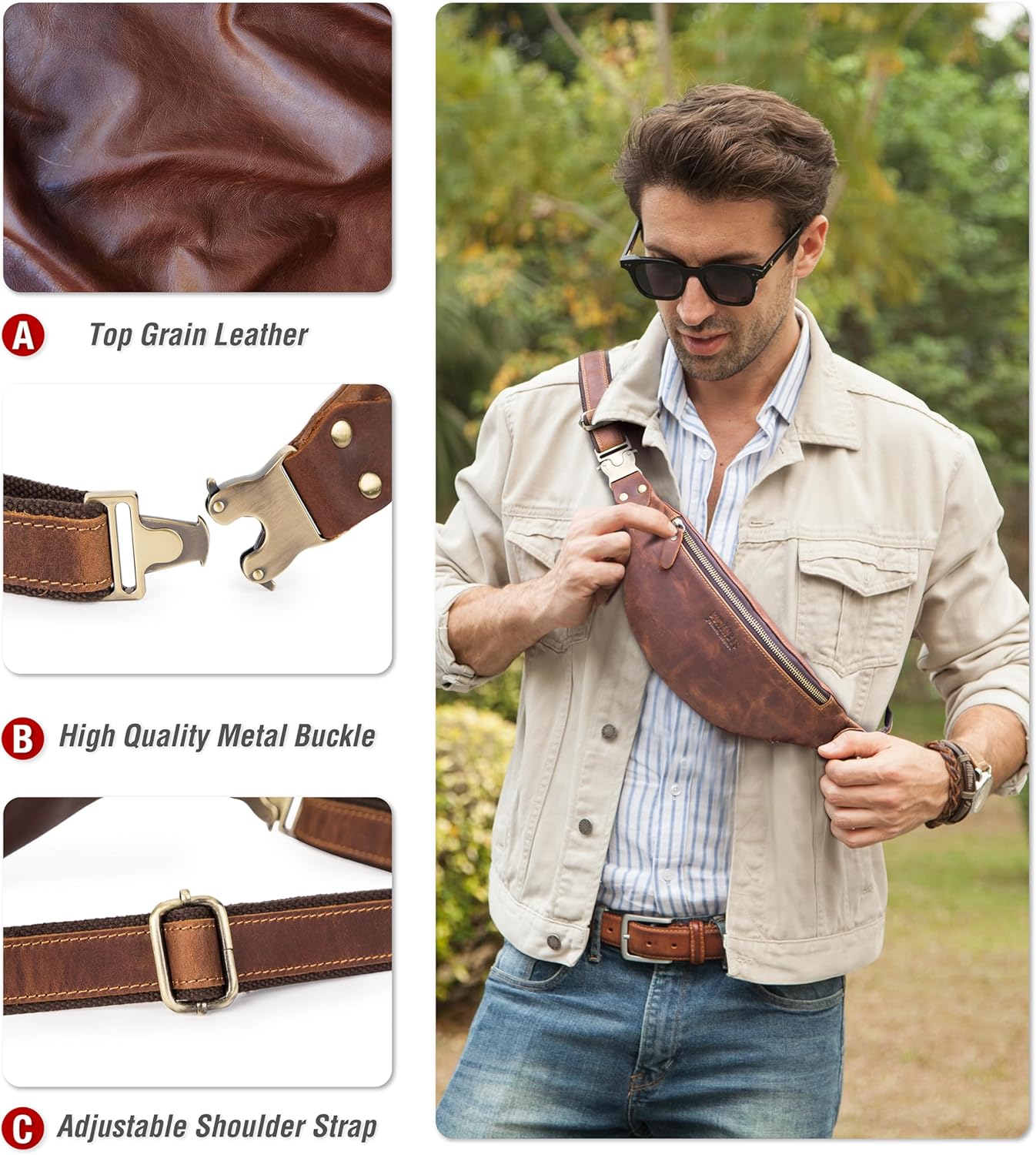 Top Grain Genuine Leather Customizable Slim Waist Pack for Man & Woman, Minimalist Vintage Design, Handmade with Detachable Hardware, Slim Fanny Pack Small Crossbody Belt Bag for Traveling or Riding