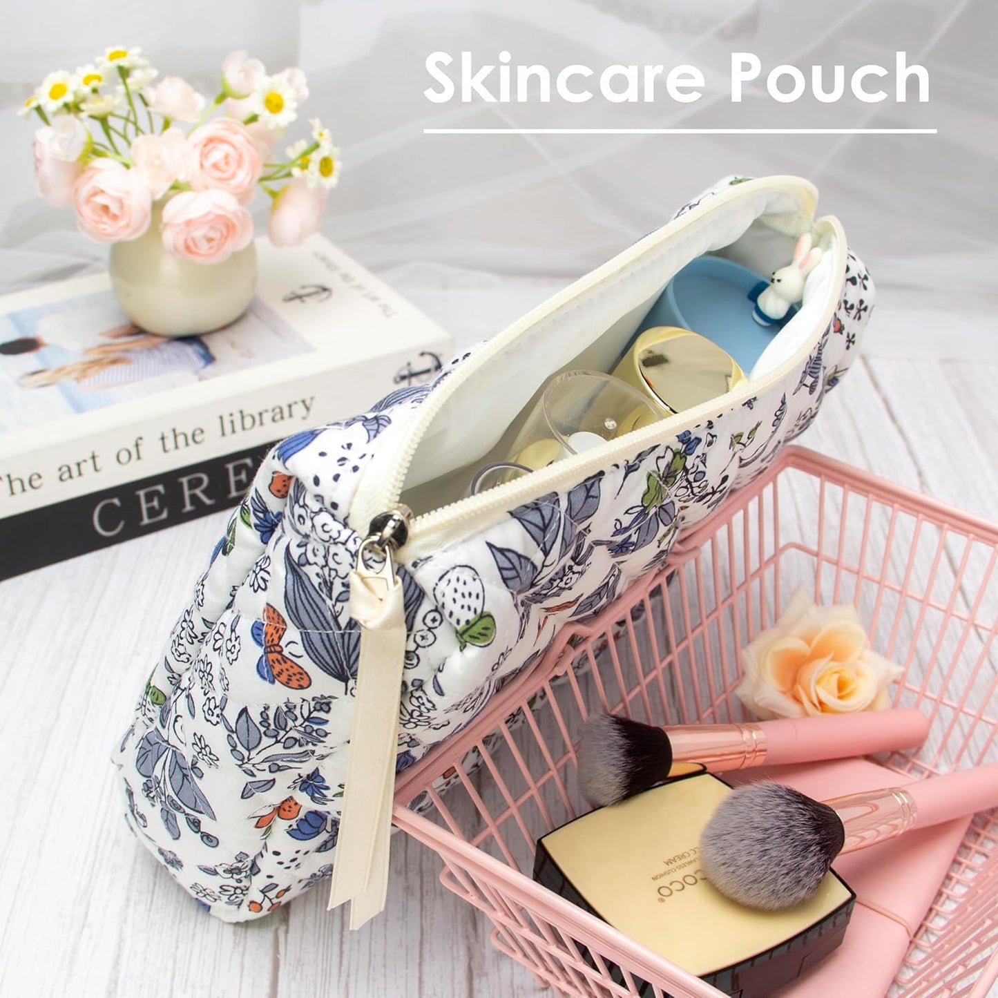 PAZIMIIK Quilted Makeup Bag Large Travel Zipper Soft Cosmetic Pouch for Women Girls Make Up,Leaf