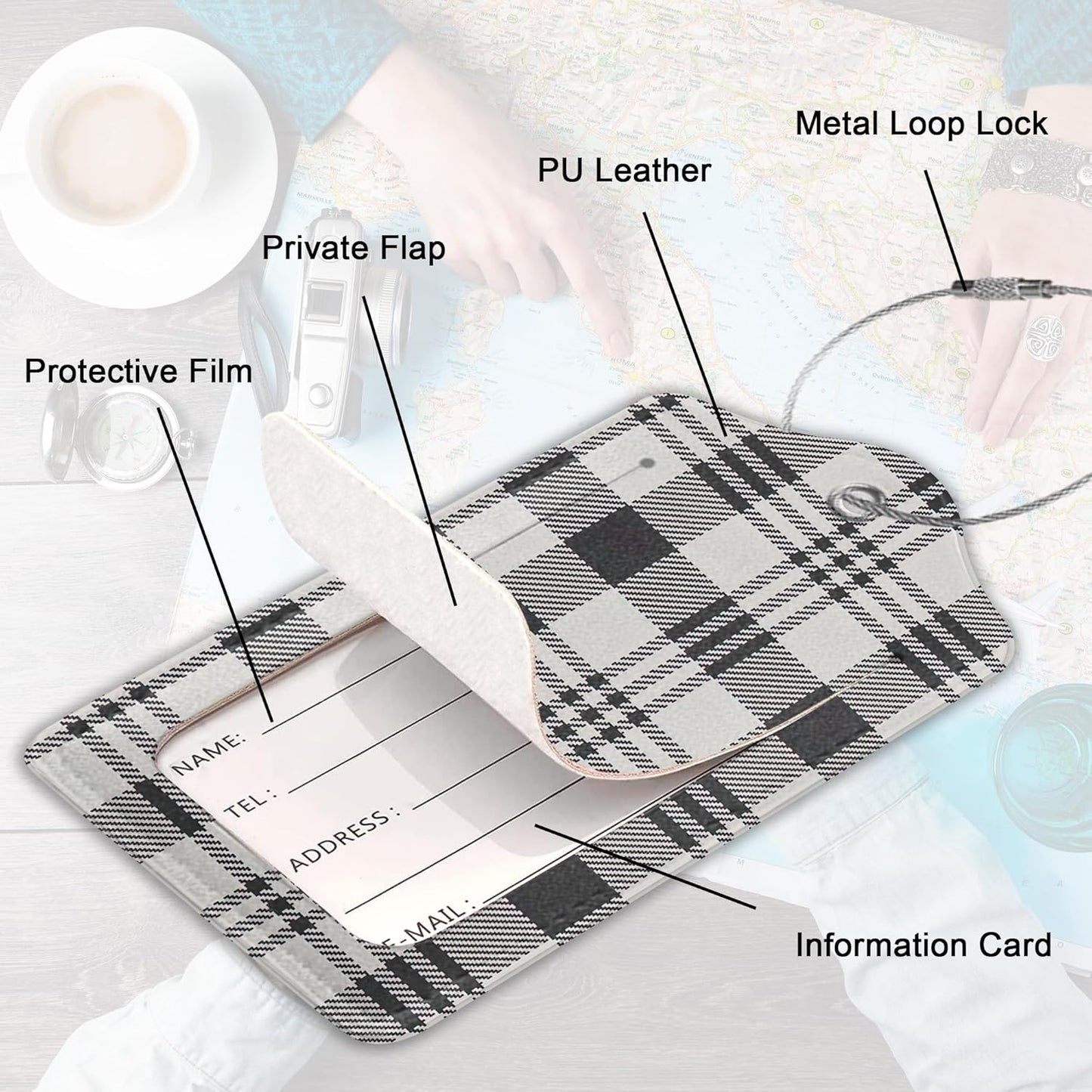 2 Pack Leather Luggage Tag for Suitcase Black White Plaid Checkered Unique Travel Tags with Privacy Cover ID Label & Stainless Steel Loop for Men and Women Baggage