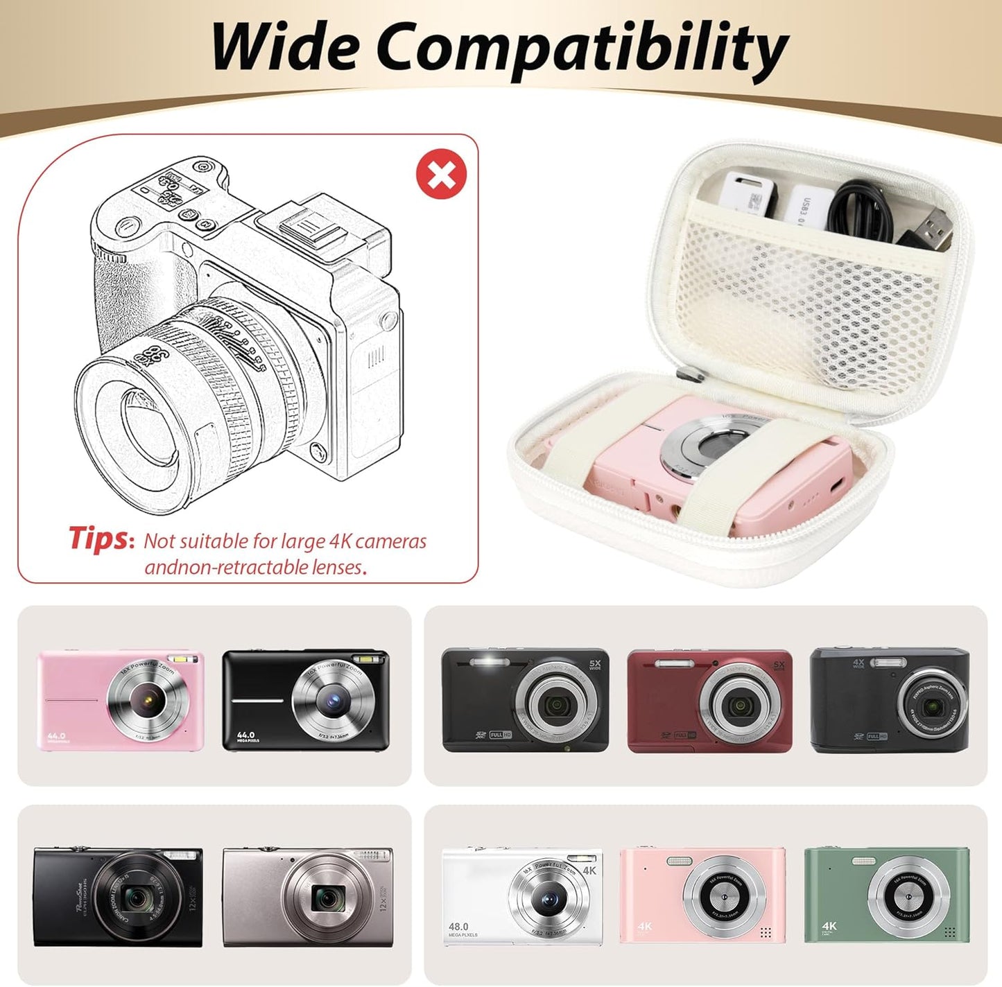 Digital Camera Case for CAMKORY, KODAK PIXPRO FZ45/FZ55, Canon IXUS 285 HS, Lecran, Small Travel Compact Camera Holder with Mesh Pocket for Accessories SD Card (White)