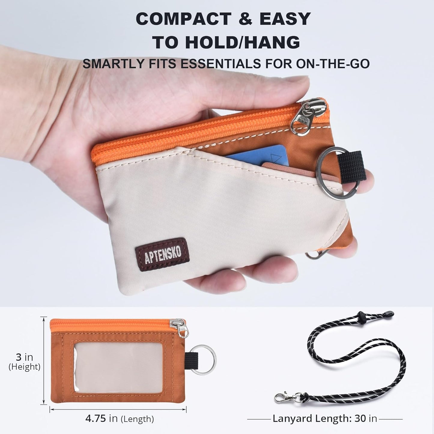 RFID Travel Wallet with Adjustable Lanyard-Zipper Small Wallet with ID Card Holder, Keychain for women&men-Minimalist Slim Waterproof Nylon case for ID, Cash, Key (Almond+Rust)
