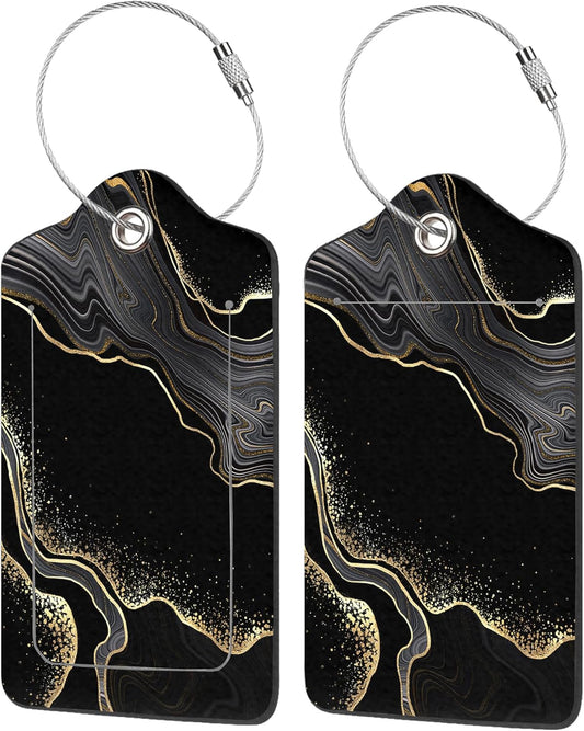 2 Pack Luggage Tag for Suitcase,Abstract Black Marble with Golden Veins PU Leather Suitcase Tags Identifiers with Privacy Name Address Labels and Durable Steel Loop for Women Men Travel