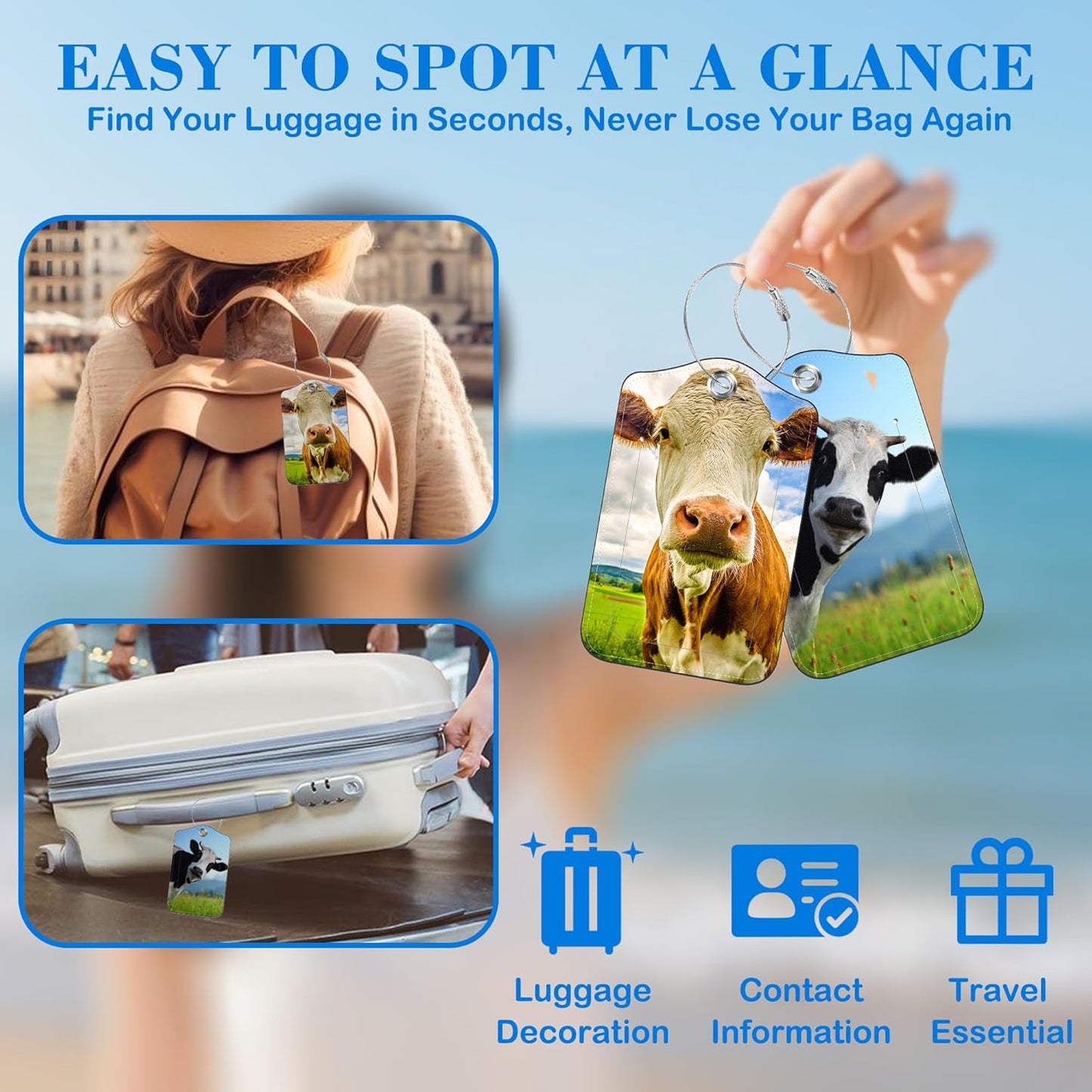 2 Pack Funny Cow Luggage Tags PU Leather Suitcase Tags with Stainless Steel Loop Privacy Cover ID Label for Women Men Travel Bag Accessories