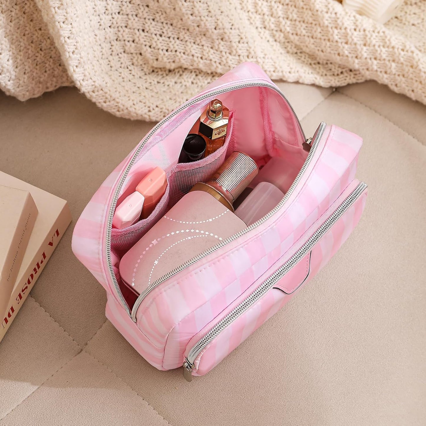 uekeboag Pink Stripe Nylon Travel Makeup Organizer Bag with Comartments,Large Capacity Cosmetic Bags,Toiletries Accessories Coquette Bag for Women Girls(02Compartments)