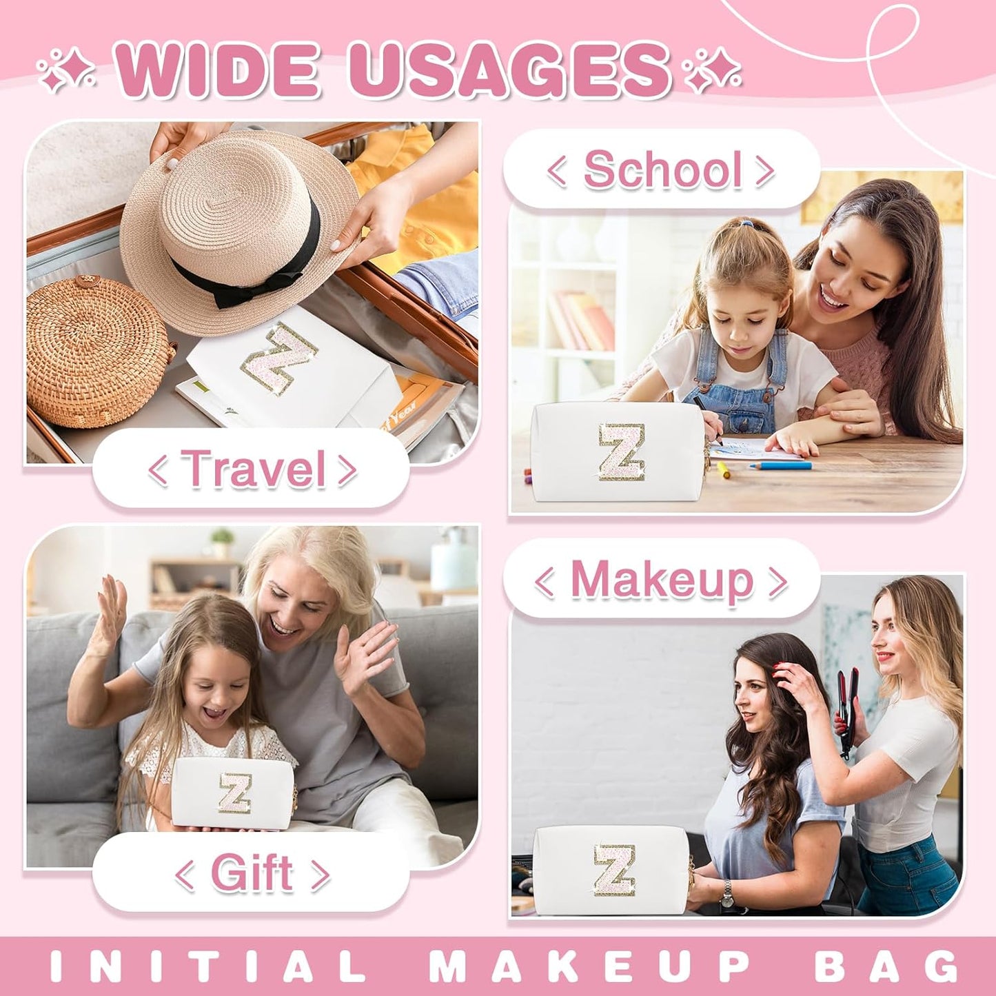 Small Initial Patch Makeup Bag Personalized Gifts Make Up Bag,White Cute PU Leather Glitter Letter