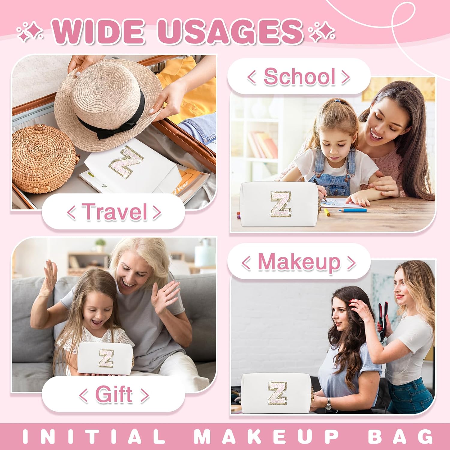 Small Initial Patch Makeup Bag Personalized Gifts Make Up Bag,White Cute PU Leather Glitter Letter