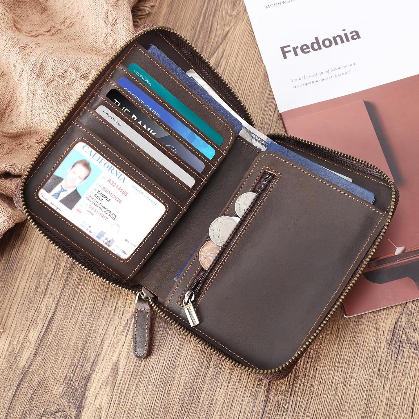 Polare Full Grain Leather Travel Passport Wallet with YKK Zipper and RFID Blocking Document Organizer Holder 2 Passports (Cocoa Brown)