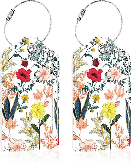 2 Pack Luggage Tag for Suitcase,Blooming Flower PU Leather Suitcase Tags Identifiers with Privacy Name Address Labels and Steel Loop for Women Men Travel
