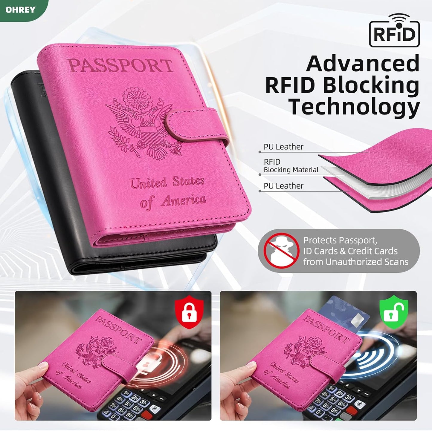 2 Pack Passport Holder for Travel with Luggage Tag Cover – RFID Blocking Passport Wallet Holder for Women & Men | PU Leather Passport Case with Money Pocket & Magnetic Clasp, Blac & Pink