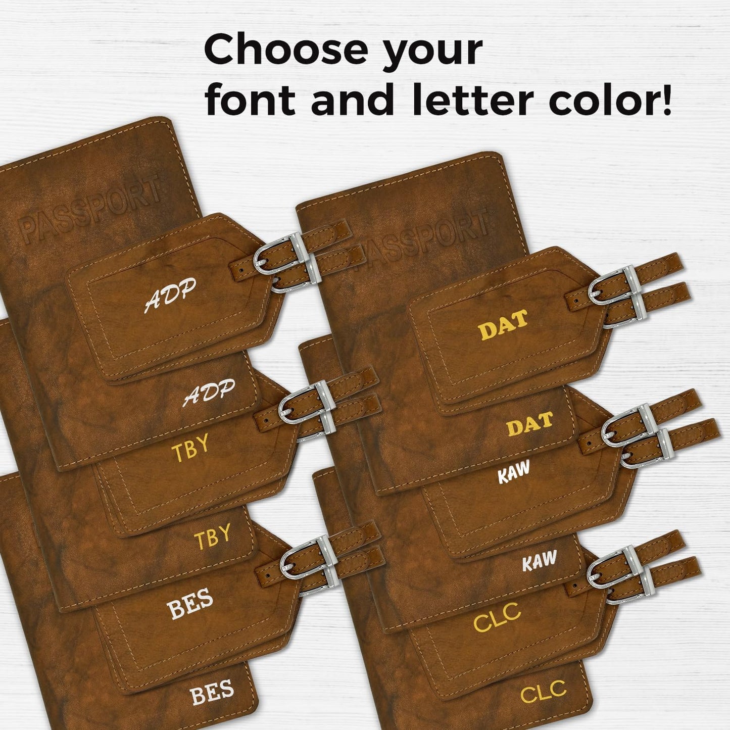 Personalized Monogrammed Antique Saddle Leather RFID Passport Cover Holder and 2 Luggage Tags