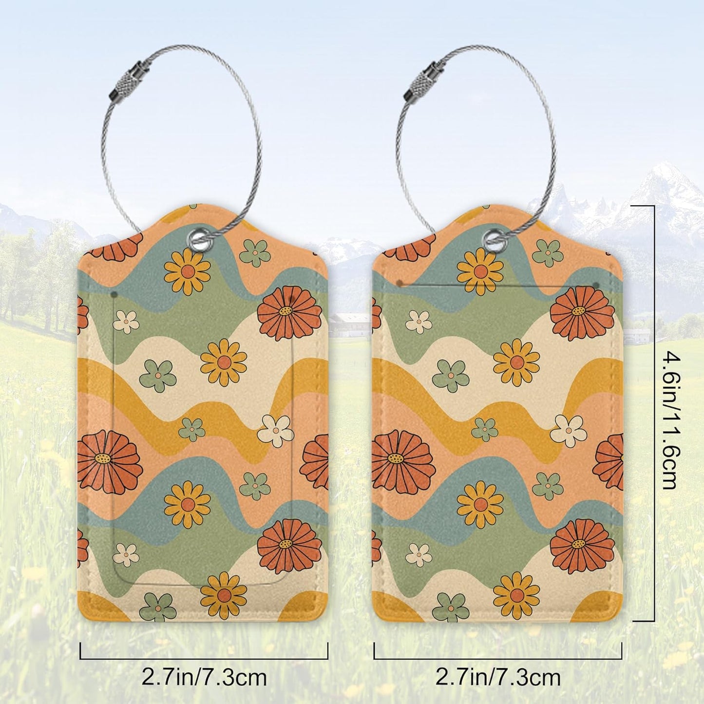 2 Pack Leather Luggage Tag for Suitcase Groovy Hippie Flower Retro Boho Dasiy Unique Travel Tags with Privacy Cover ID Label & Stainless Steel Loop for Men and Women Baggage