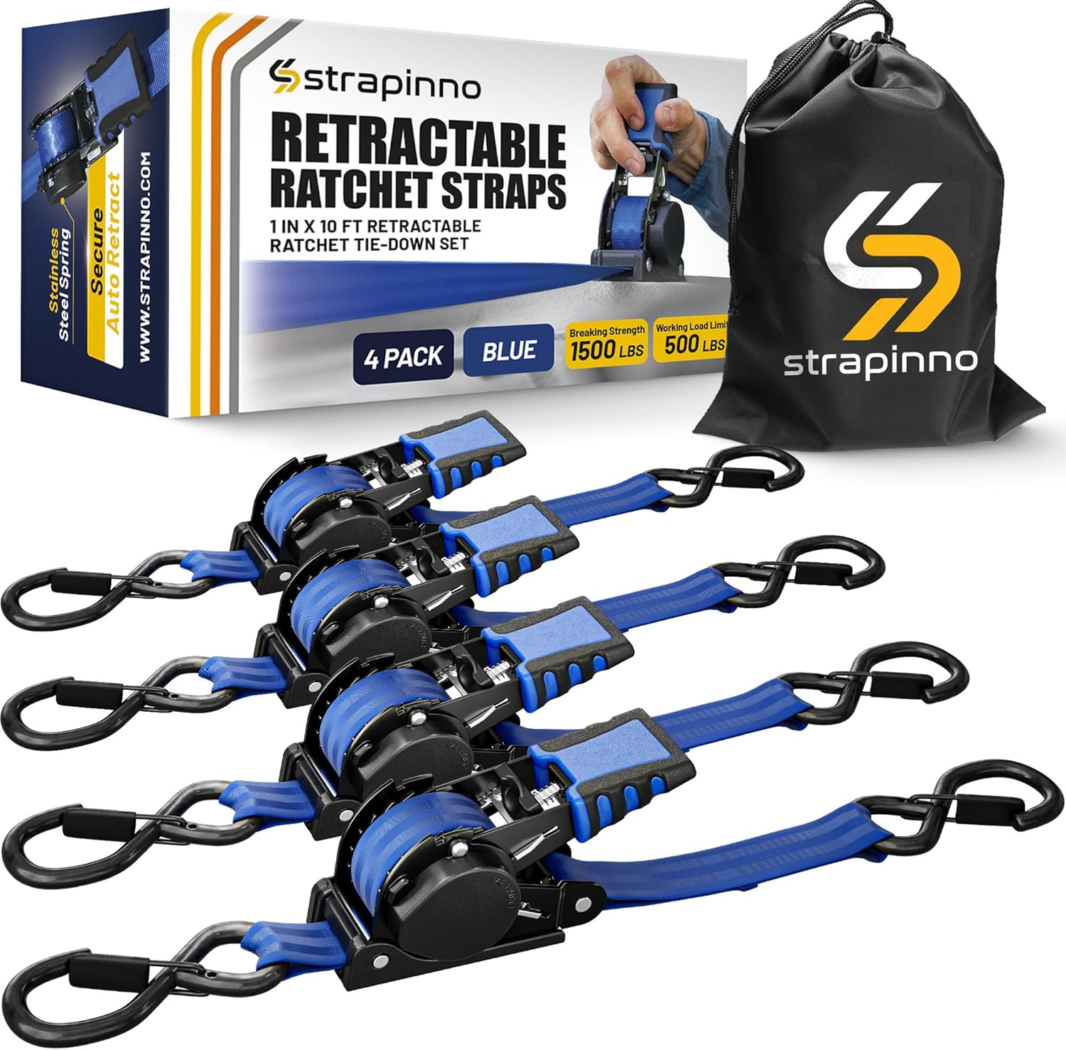 Strapinno Retractable Ratchet Straps 1 in x 10 ft, Secure Tie-Downs with Rubber-Coated Steel