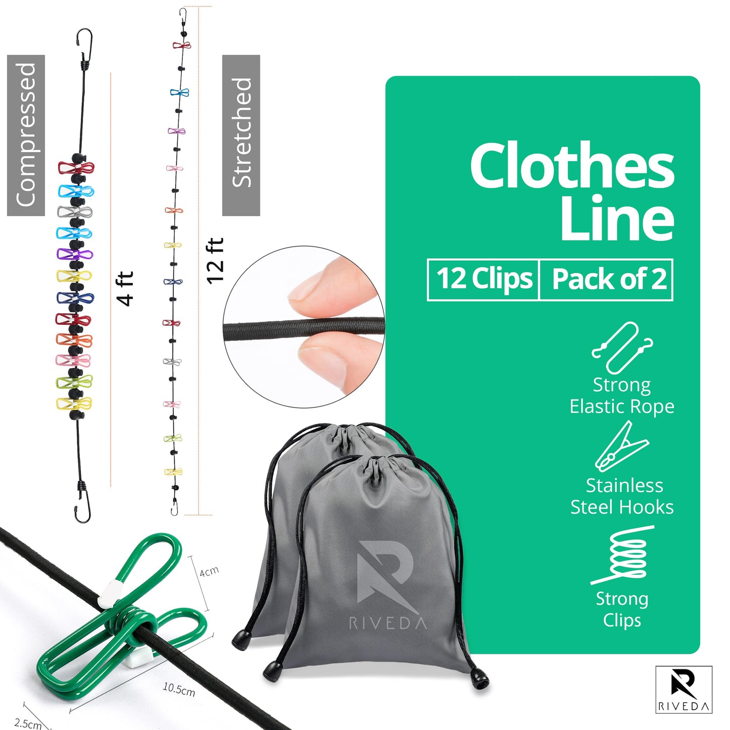 RIVEDA 2 Pack Travel Clotheslines with 12 Colorful Clips Each & 2 Bags, Cruise RV & Camping