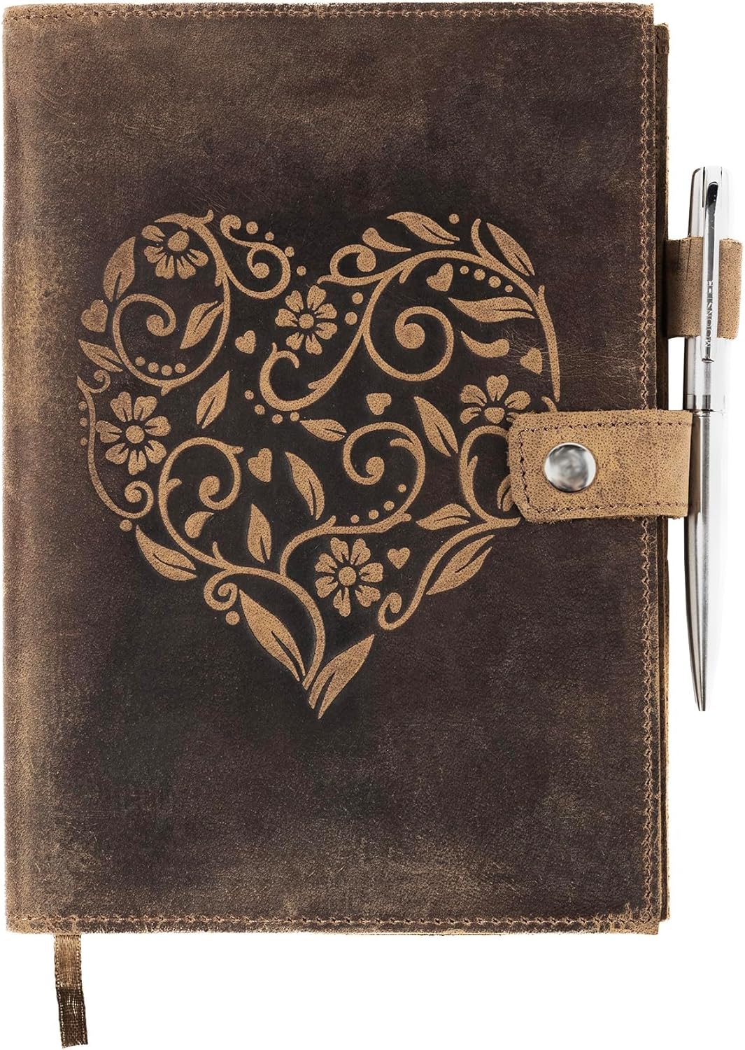 moonster Refillable Leather Journal Embossed Heart Shape Cover Design Journals with Pen – Milled A5 Leather Journal Lined Paper - Journals for Women – Vintage Journal - 320 Pages