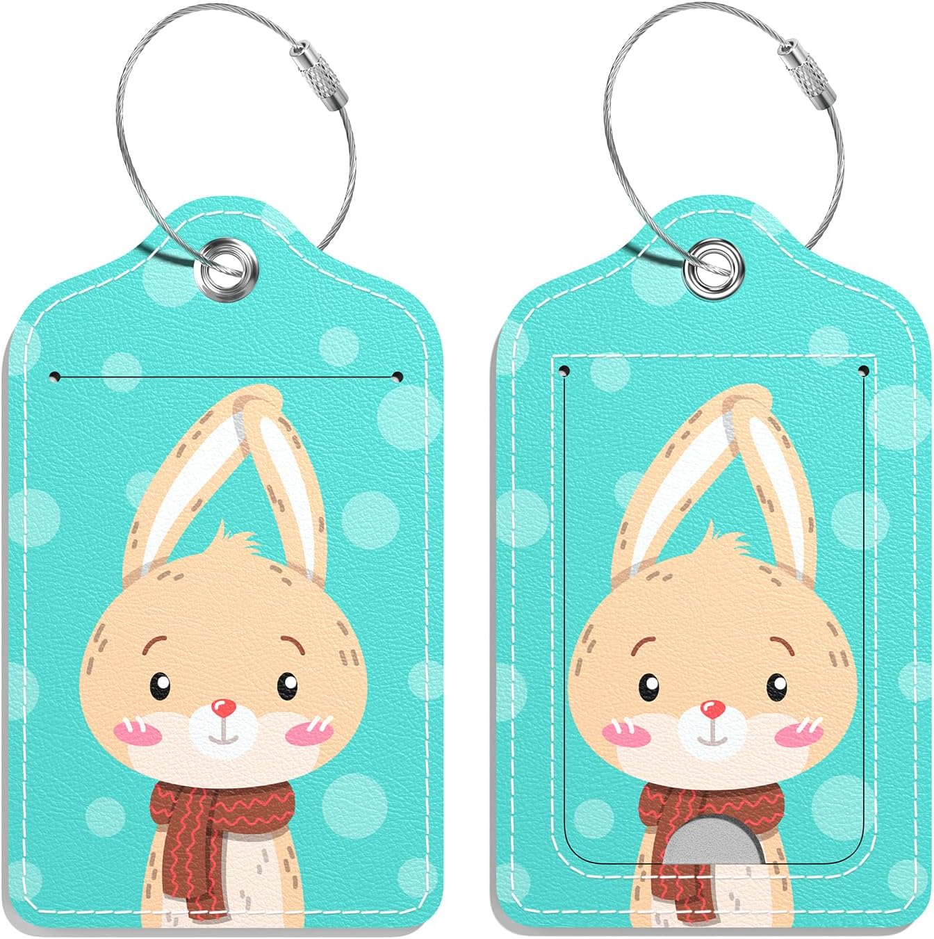 Luggage Tags for Suitcase, 2 Pack PU Leather Travel Cruise Luggage Tag with Privacy Flap, Name ID Label and Metal Loop for Women Men Girls Suitcase Baggage Bag Backpack, Cute Rabbit