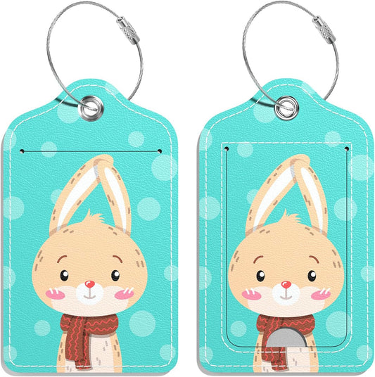Luggage Tags for Suitcase, 2 Pack PU Leather Travel Cruise Luggage Tag with Privacy Flap, Name ID Label and Metal Loop for Women Men Girls Suitcase Baggage Bag Backpack, Cute Rabbit