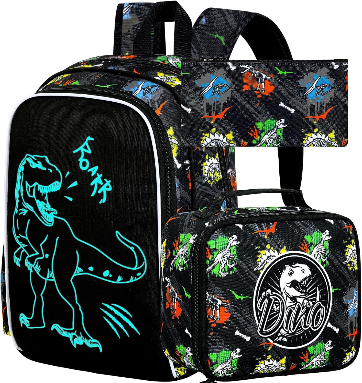 3Pcs Glow in The Dark Dinosaur Backpack for Boys, 17 Inches Dino School Bookbag Set for Teens, Laptop Backpacks with Lunch Bag(Black)
