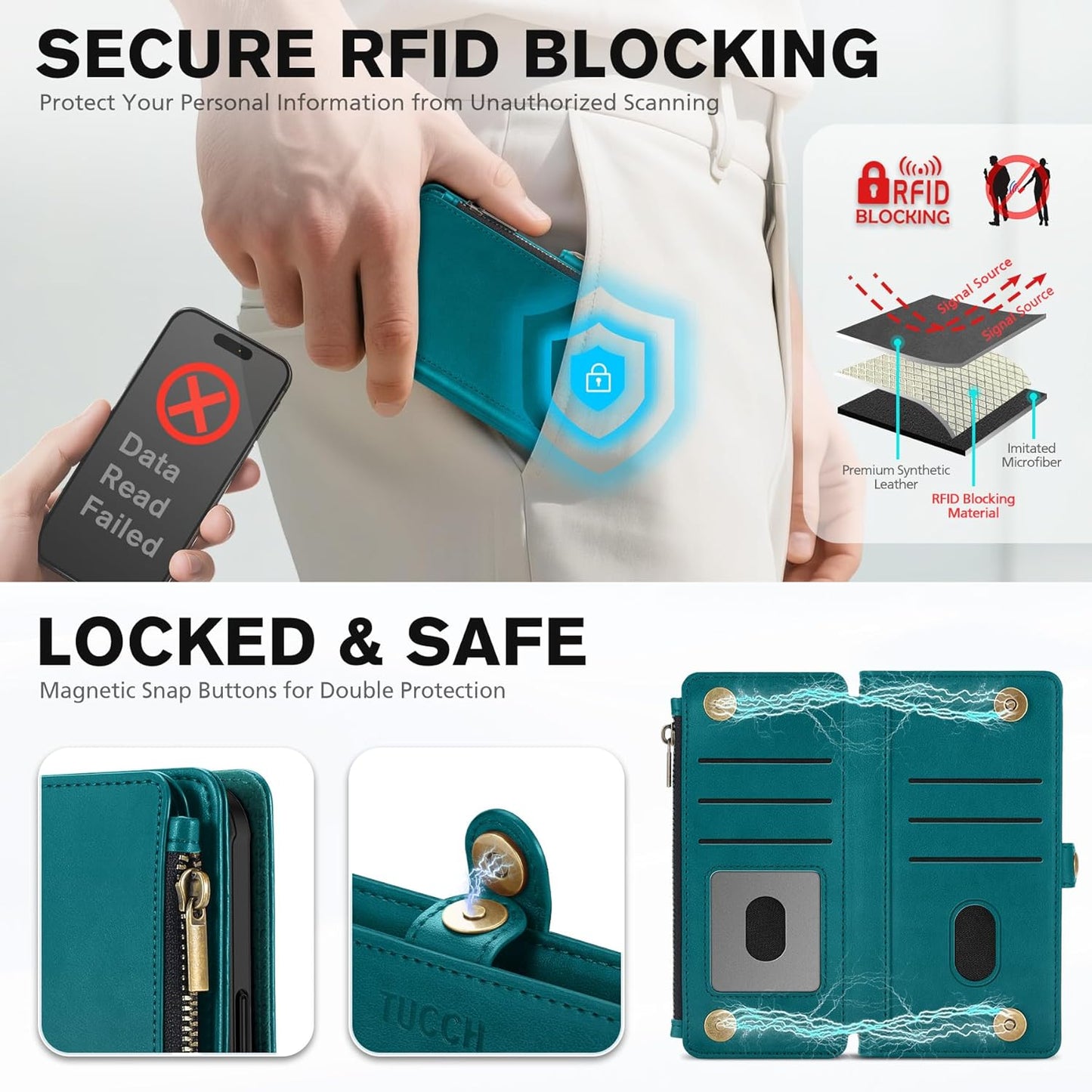 TUCCH Detachable Crossbody Wallet Case for iPhone 17 (6.3"), 9 Card Holders RFID Blocking | Lanyard | Wrist Strap | Wireless Charging | Zipper Pocket | PU Leather | Kickstand Flip Cover | Bluish Green