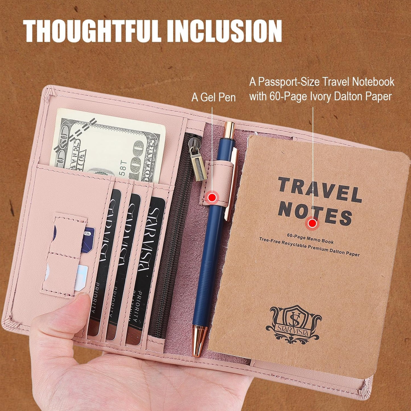 STAR VISTA Phoenix Leather Passport Holder, Calfskin Travel Wallet - RFID Blocking, ID Window, Zipper Pocket, Pen & Notebook Included, Pale Pink