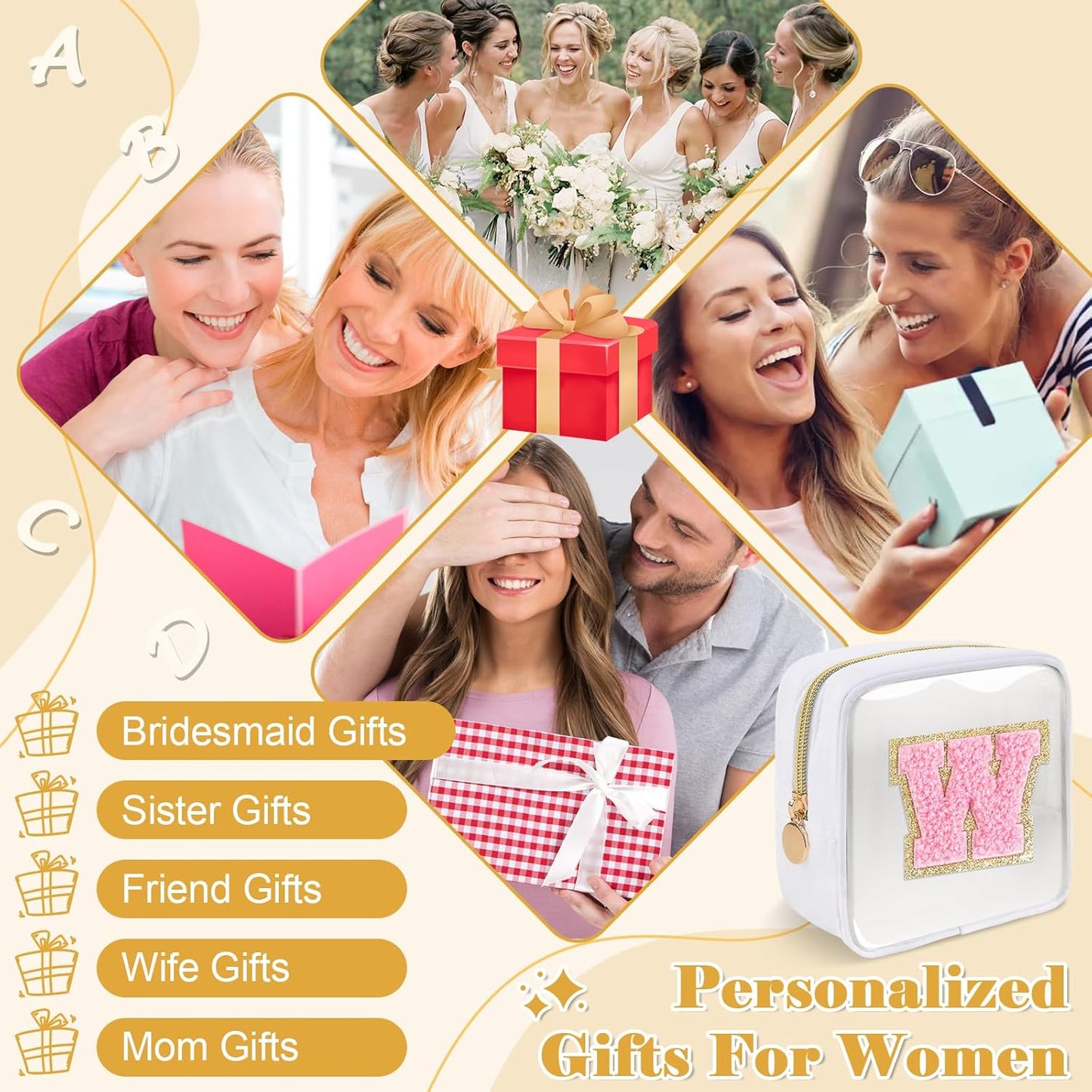 Personalized Initial Letter Clear Preppy Makeup Bag,Mini Nylon Chenille Letter Cosmetic Bag Cute Zipper Pouch Purse for Teen Girls,Portable TSA Approved Beach Travel Essentials Bag Gift for Women,W