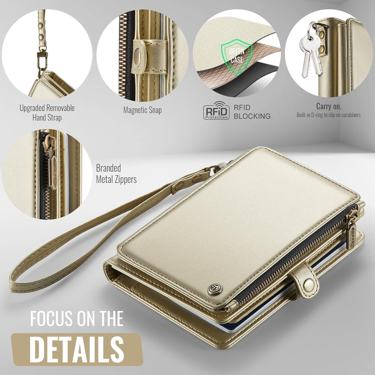 Passport Holder Wallet, 12 Card Slots RFID Blocking Travel Organizer, Zippered Coin Pocket & Detachable Wrist Strap Secure AMagnetic Closure Passport Case for Men & Women (Gold)