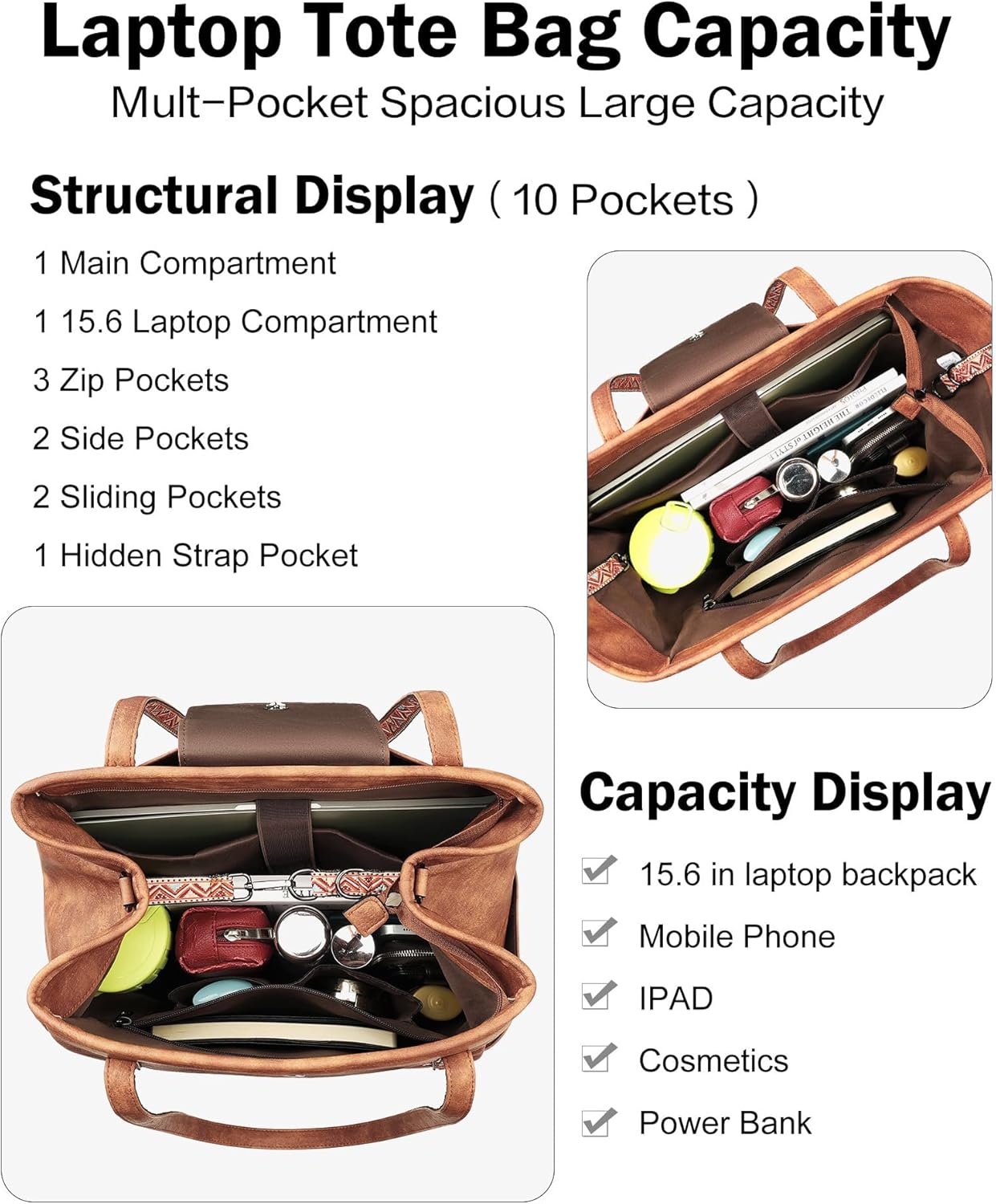 FADEON Large Laptop Tote Bag for Women Designer Leather Laptop Bag Fashion Travel Backpack Purse