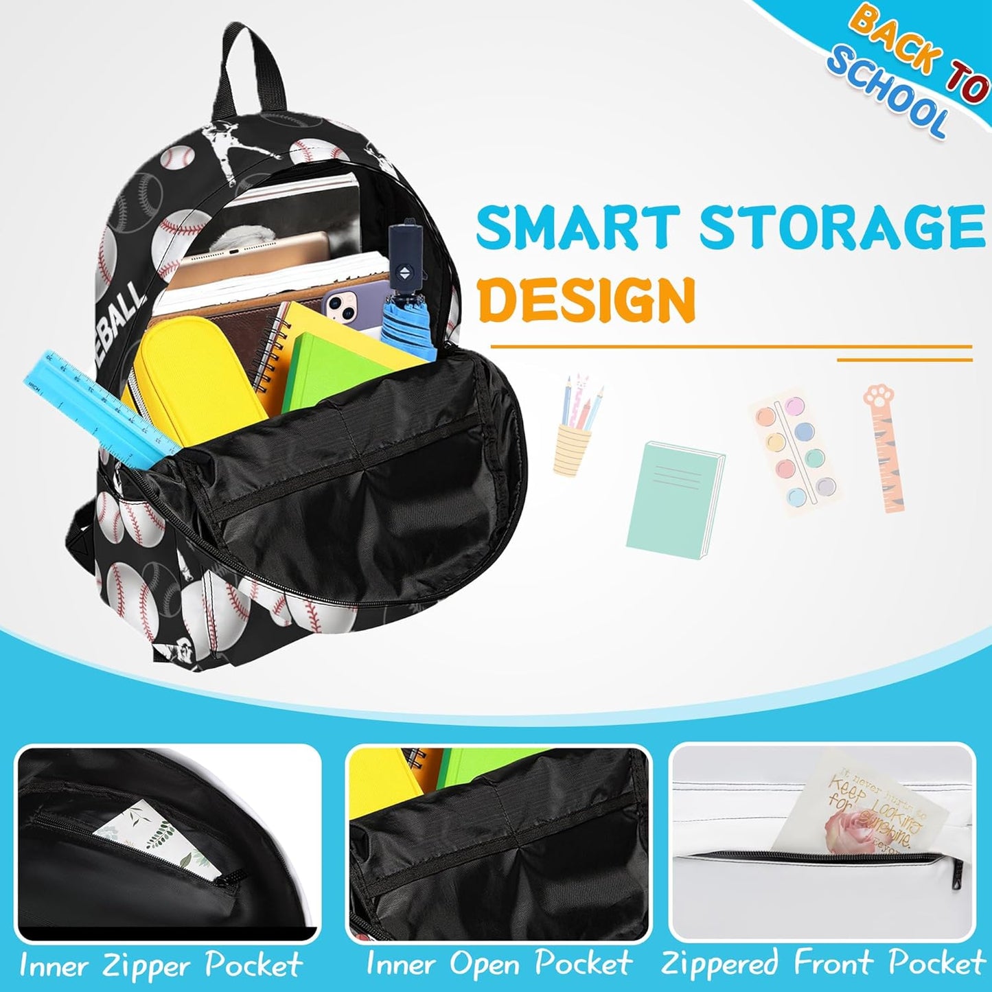3PCS Baseball Backpack Set for Boys, Large Lightweight 17 Inch Backpack with Lunch Bag & Pencil Case for Kids, Back to School Cool Sports Bookbag for Elementary Middle School - Black