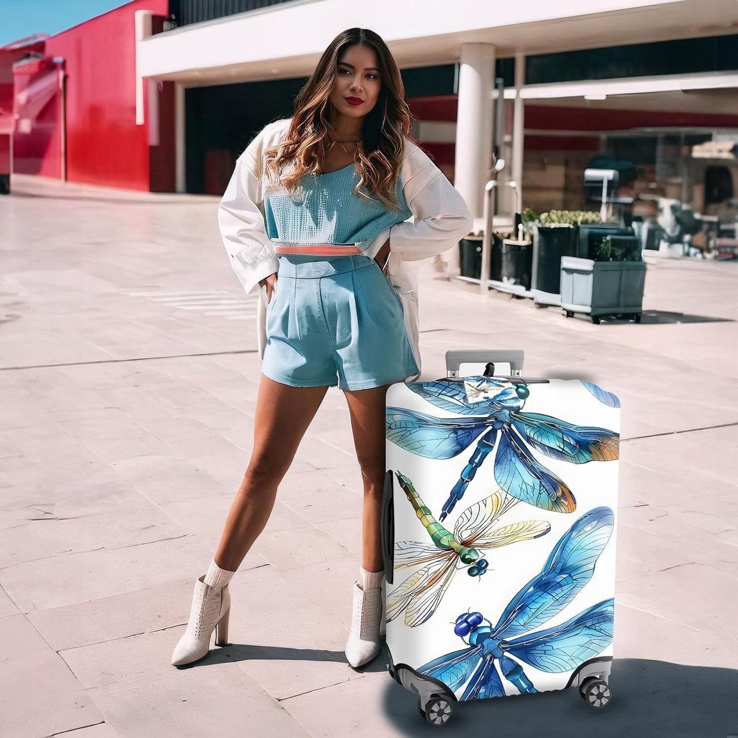 Travel Accessory - Blue Beautiful Dragonfly Suitcase Cover Set (S, 18-20 inch), Waterproof, Zipper