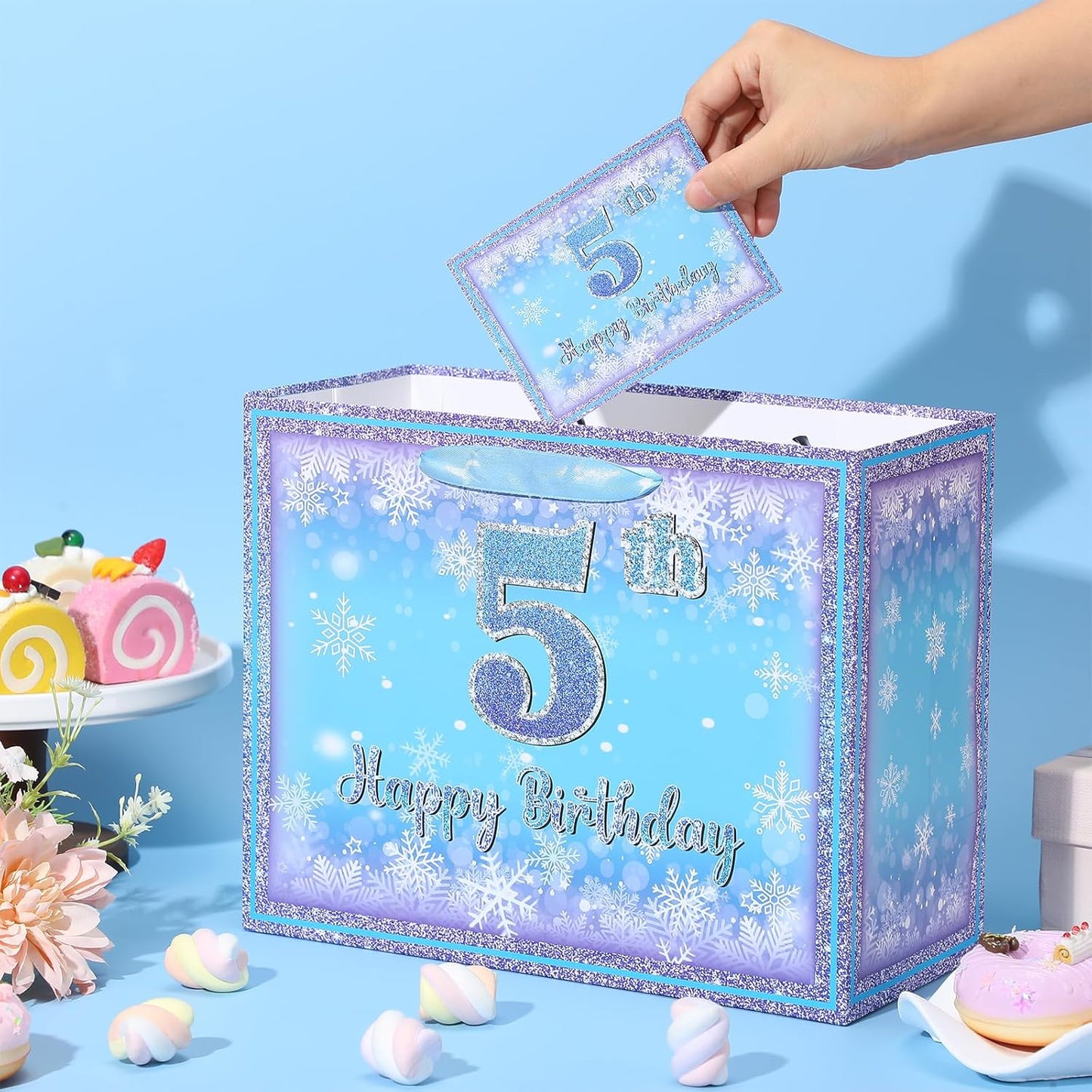 Frozen 5th Birthday Gift Bag for Girls, Large Purple Blue Snowflake Five Birthday Bags with Tissue Paper and Greeting Card Snow Frozen 5 Years Old Party Favor Bags for Girls 5th Bday Christmas Gift
