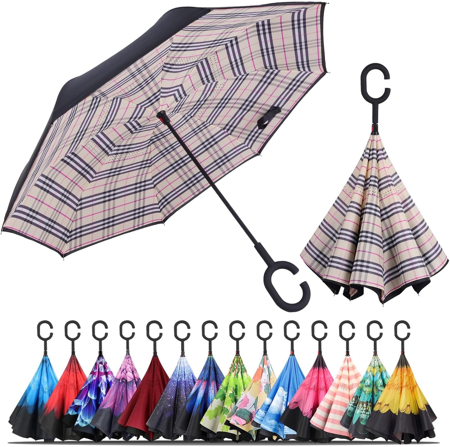 LLanxiry Windproof Inverted Umbrella, Large Reverse Umbrellas for Rain with C-shaped Handle Big Upside Down Inside Out Umbrella for Women & Men