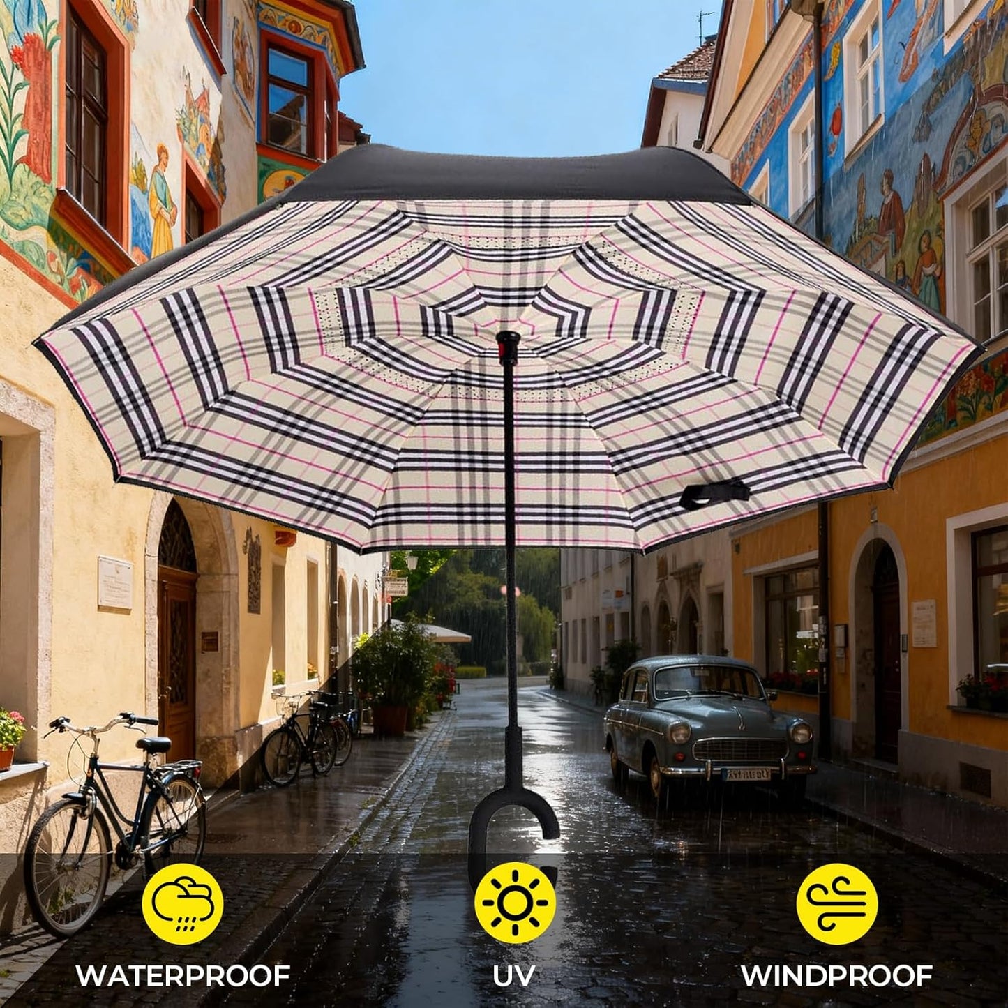 LLanxiry Windproof Inverted Umbrella, Large Reverse Umbrellas for Rain with C-shaped Handle Big Upside Down Inside Out Umbrella for Women & Men