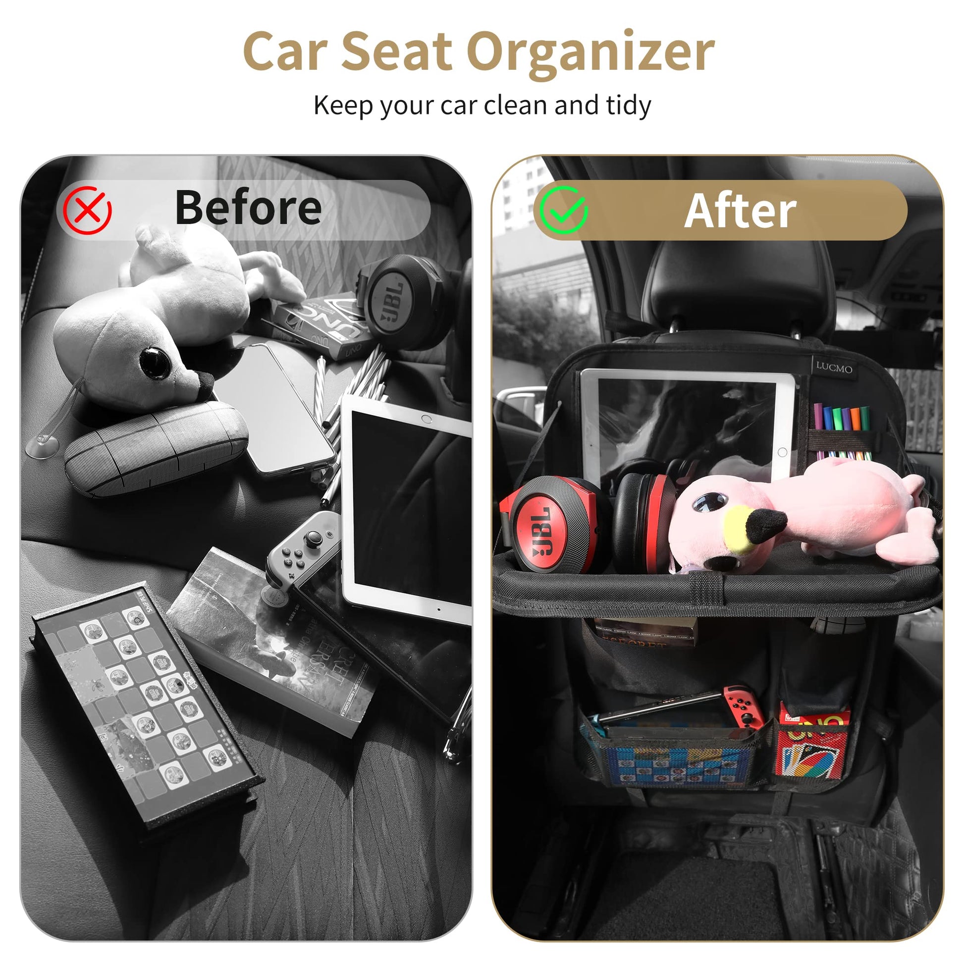 LUCMO Car Backseat Organizer with Foldable Tablet Holder, Black
