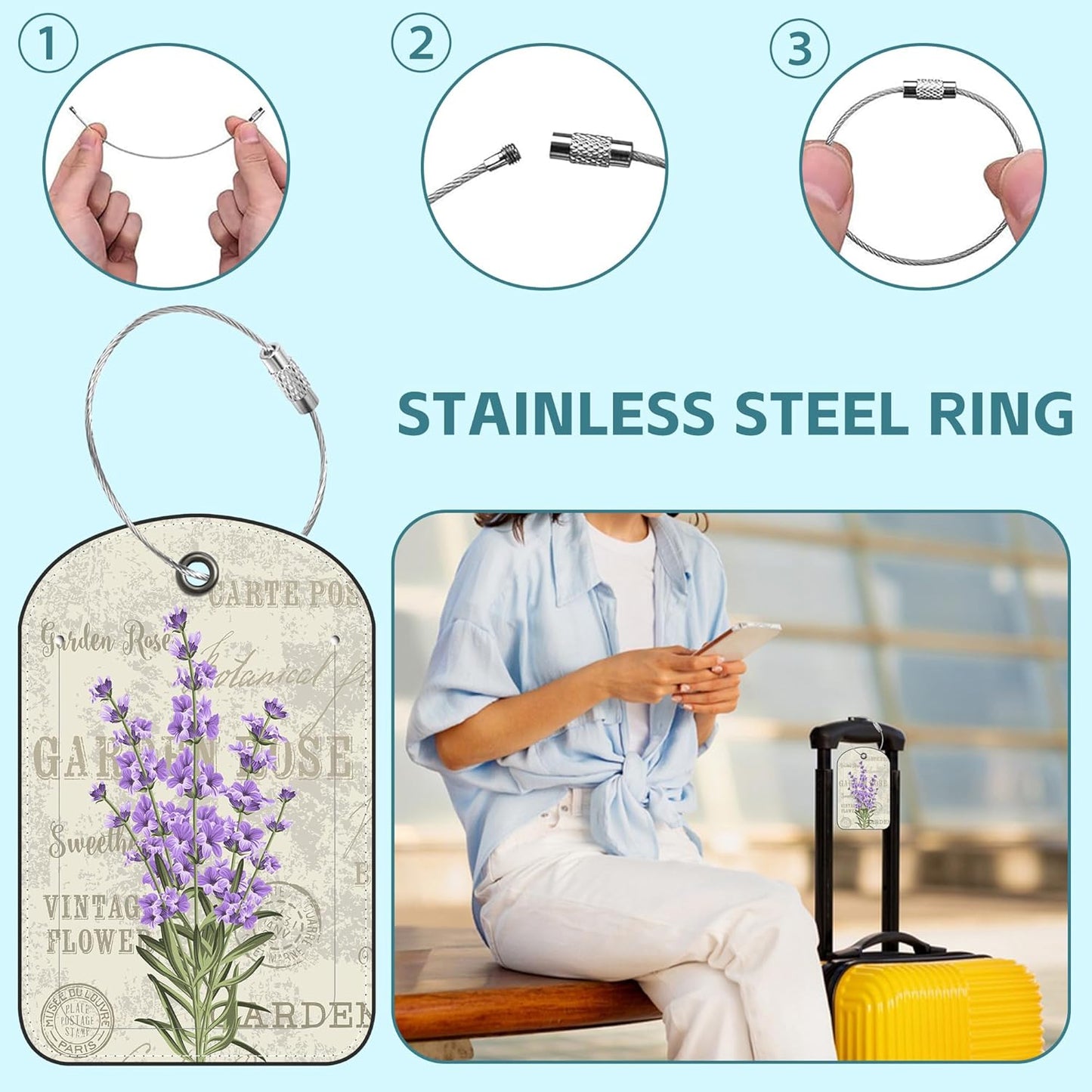 2 Pack Cute Luggage Tag for Suitcases Beautiful Purple Lavender Leather Luggage Tags with Stainless Steel Loop Privacy Flap Name Tags,Men and Women Travel Bag Suitcase Tags