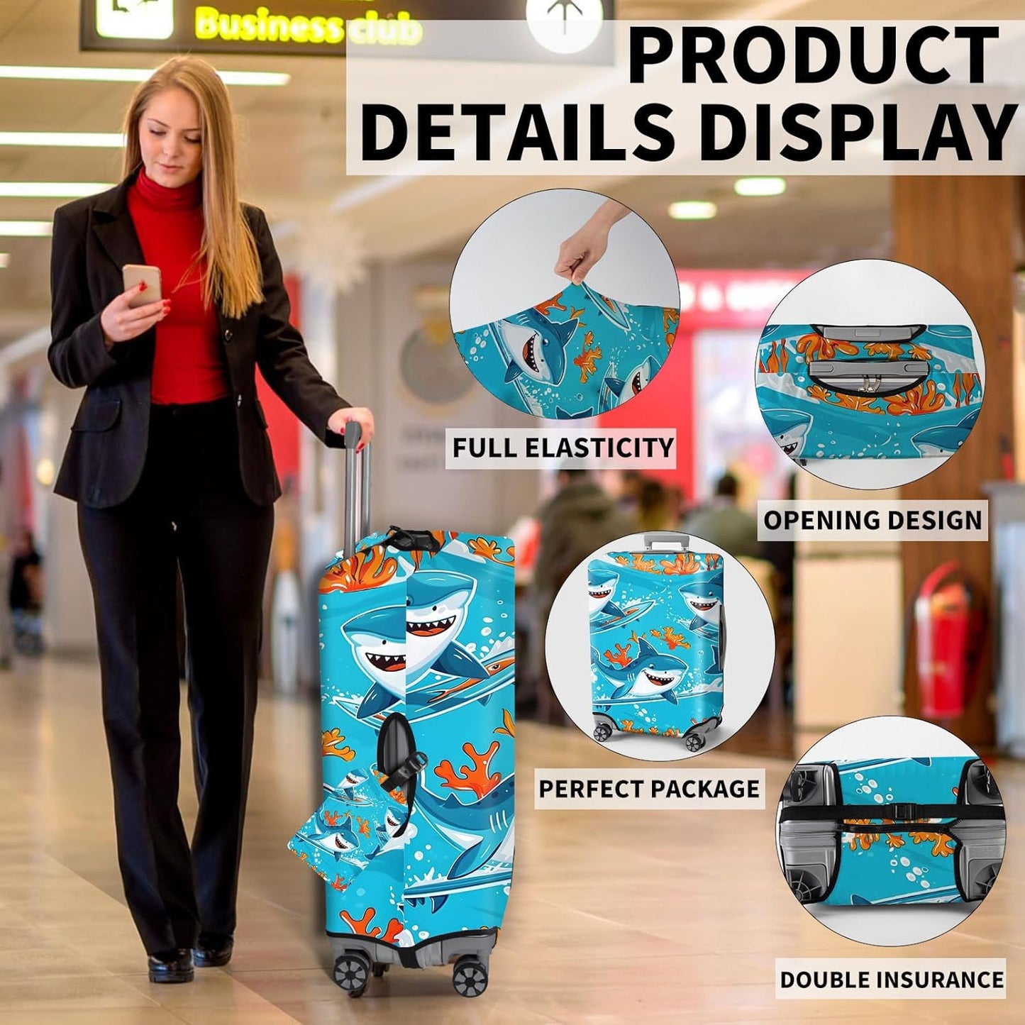 Travel Luggage Cover,Cute Cartoon Sharks Theme Suitcase Cover Accessory Kit, Luggage Tag, and Comfortable Luggage Handle Wrap, Washable Zipper Close Luggage Suitcase Protector (18-20 inch,S)