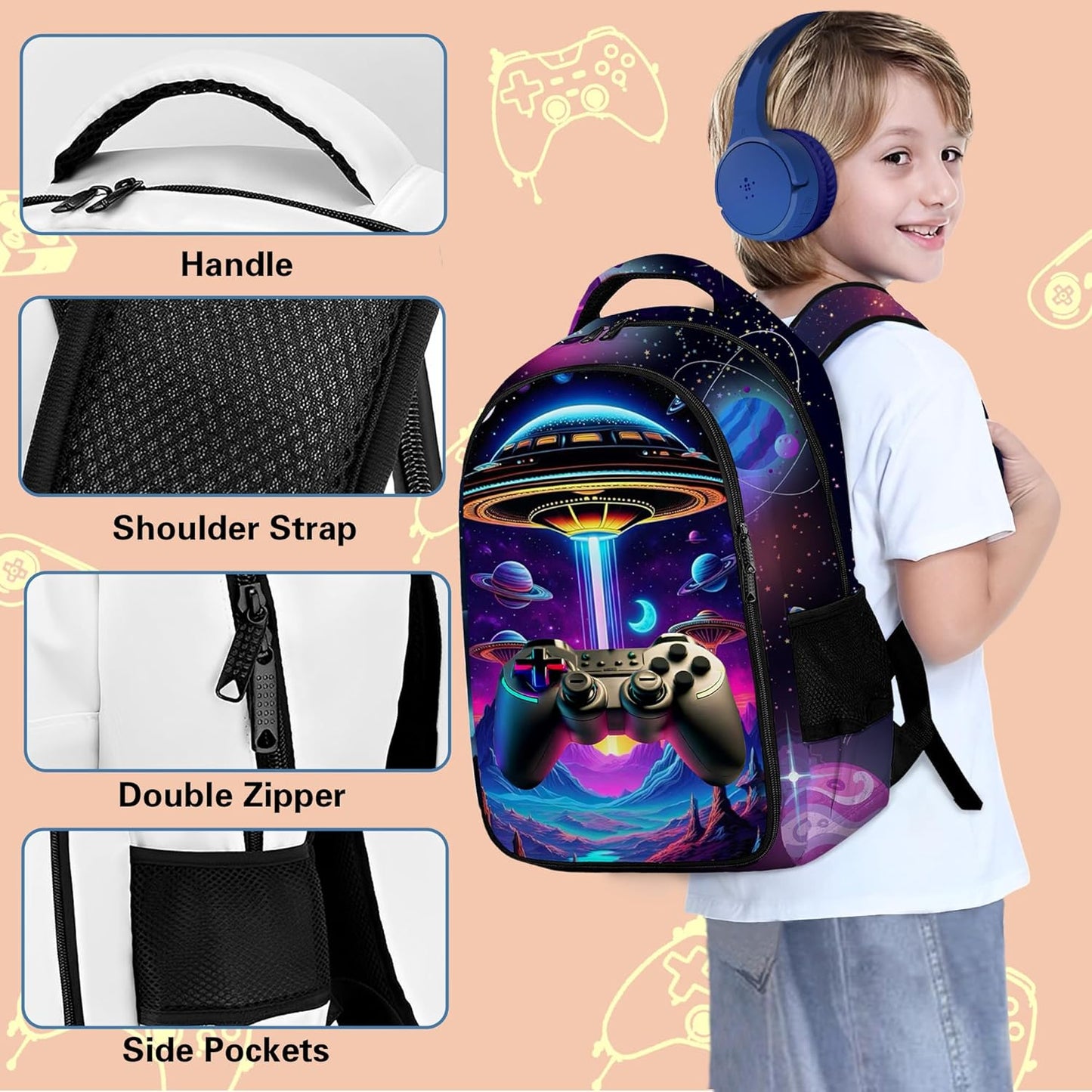 Game Backpack Set for Boys, Gaming Backpack 3 Pack, Boys Lunch Box, and Pencil Bag for Kids, 17"