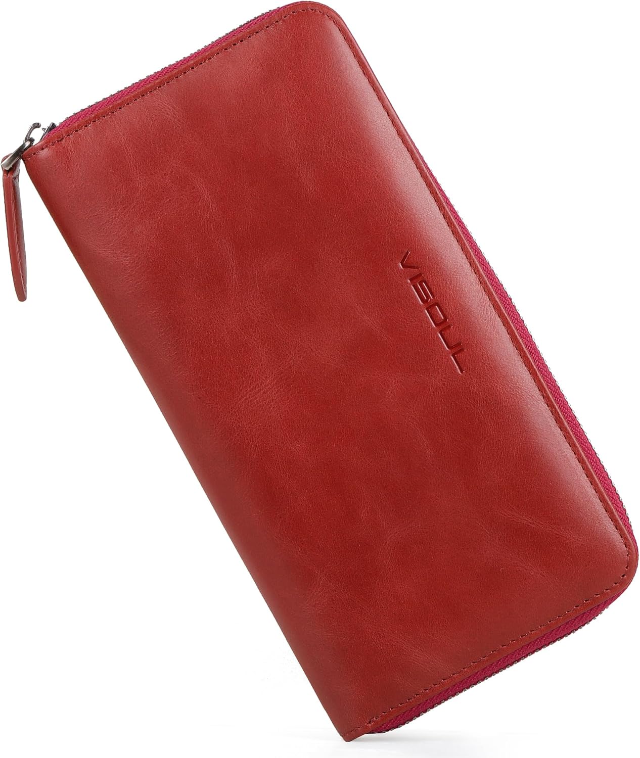 VISOUL Leather Long Zipper Pouch Wallet for Men and Women with RFID Blocking, Large Clutch Cash Long Wallet with Zipper (Burgundy)