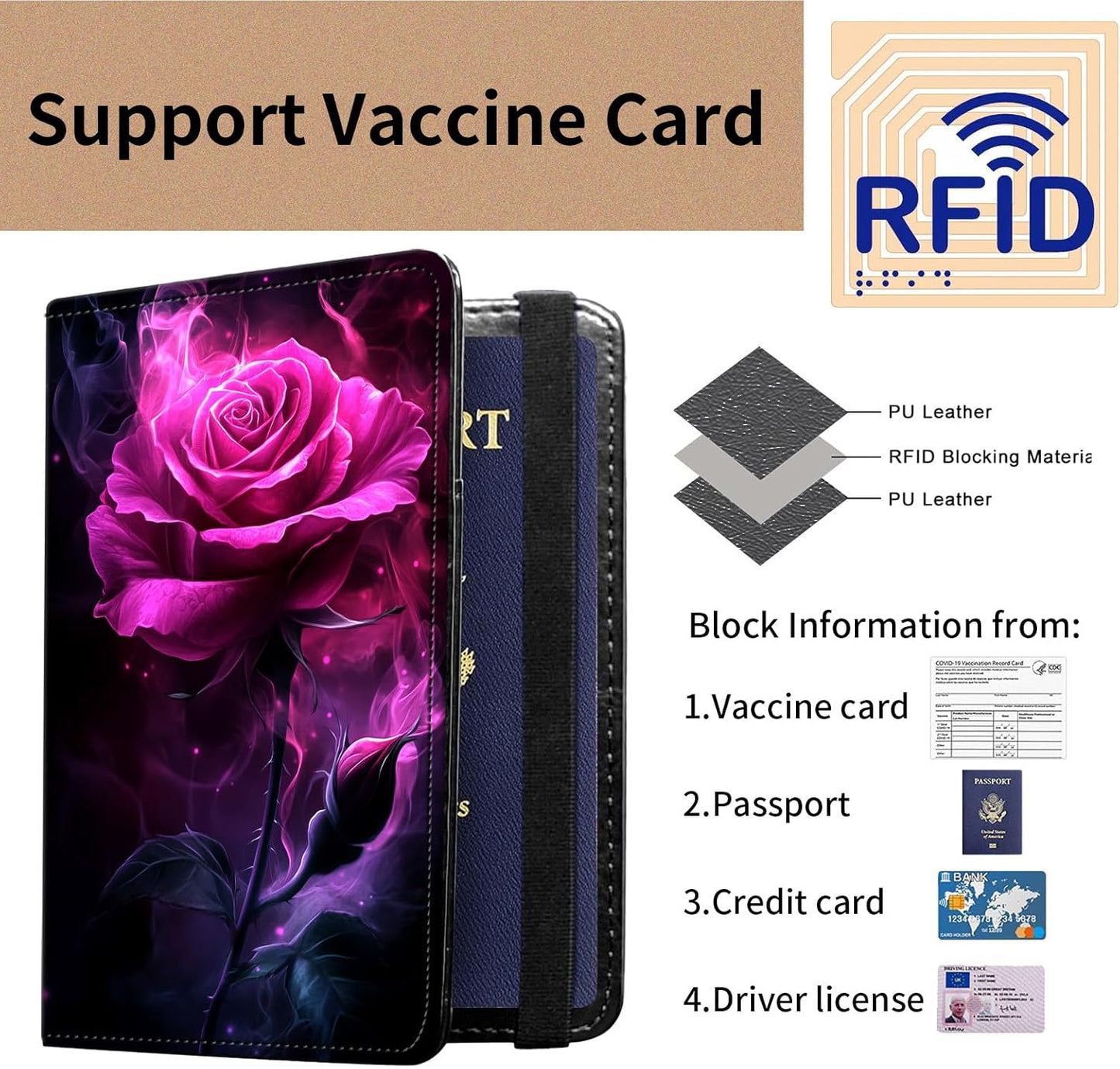 Passport and Vaccine Card Holder Cover Combo,Travel Passport Holder Wallet with RFID Blocking, Leather Vaccine Card Slot Passport Cover Case for Women & Men,Pink Rose with Smoke Swirling