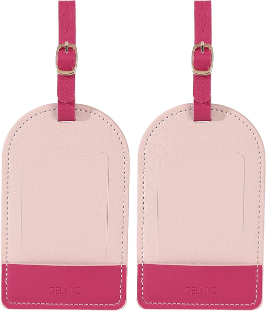 Faux Leather Luggage Tags for Suitcase Tag Set Privacy Protection with Identifie Name Lable ID Card Baggage tag for Men Women Travel Accessories, 2/4 Pack (LT06-Pink)