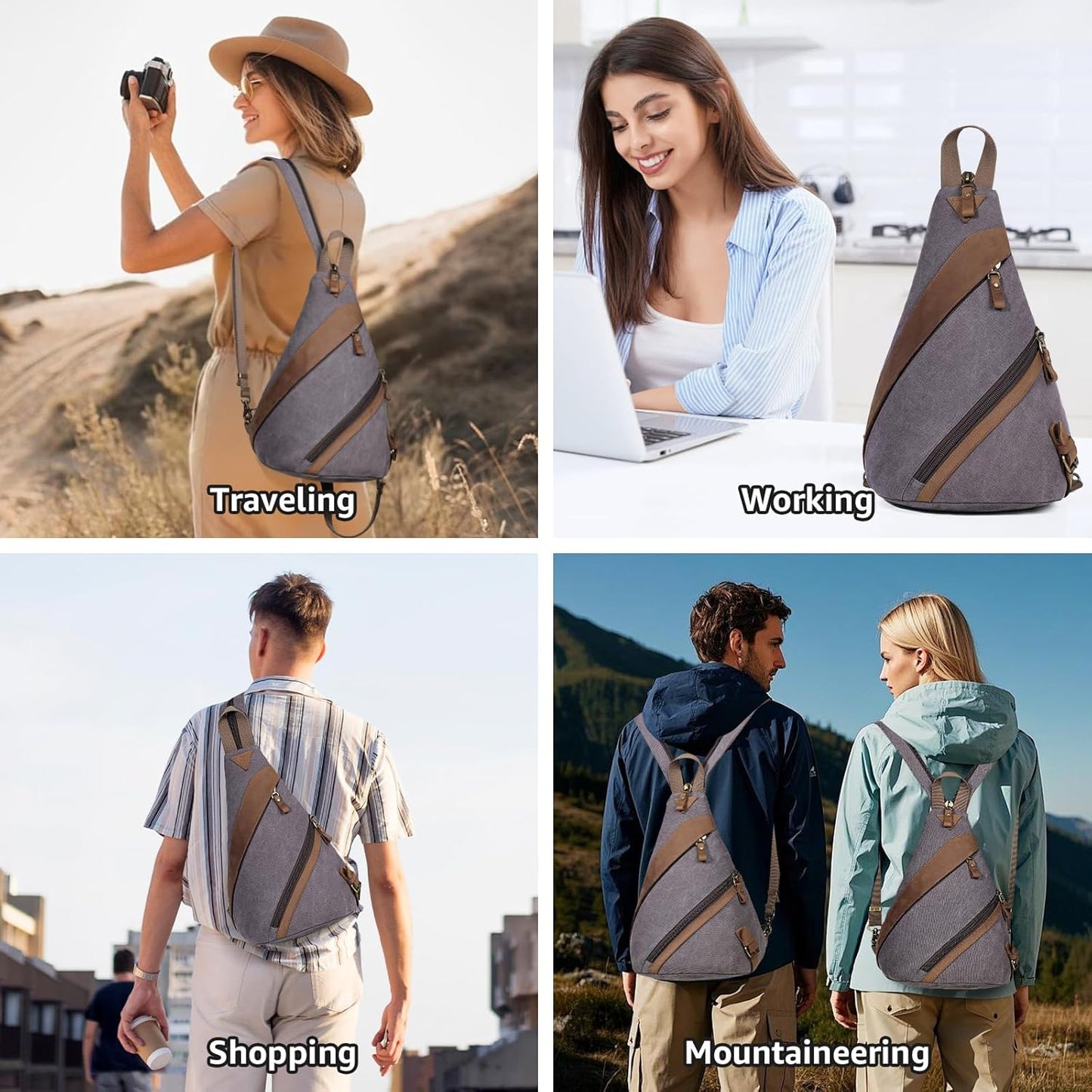 KL928 Canvas Sling Bag for Men Women, Genuine Leather Design Shoulder Crossbody Bags Backpacks