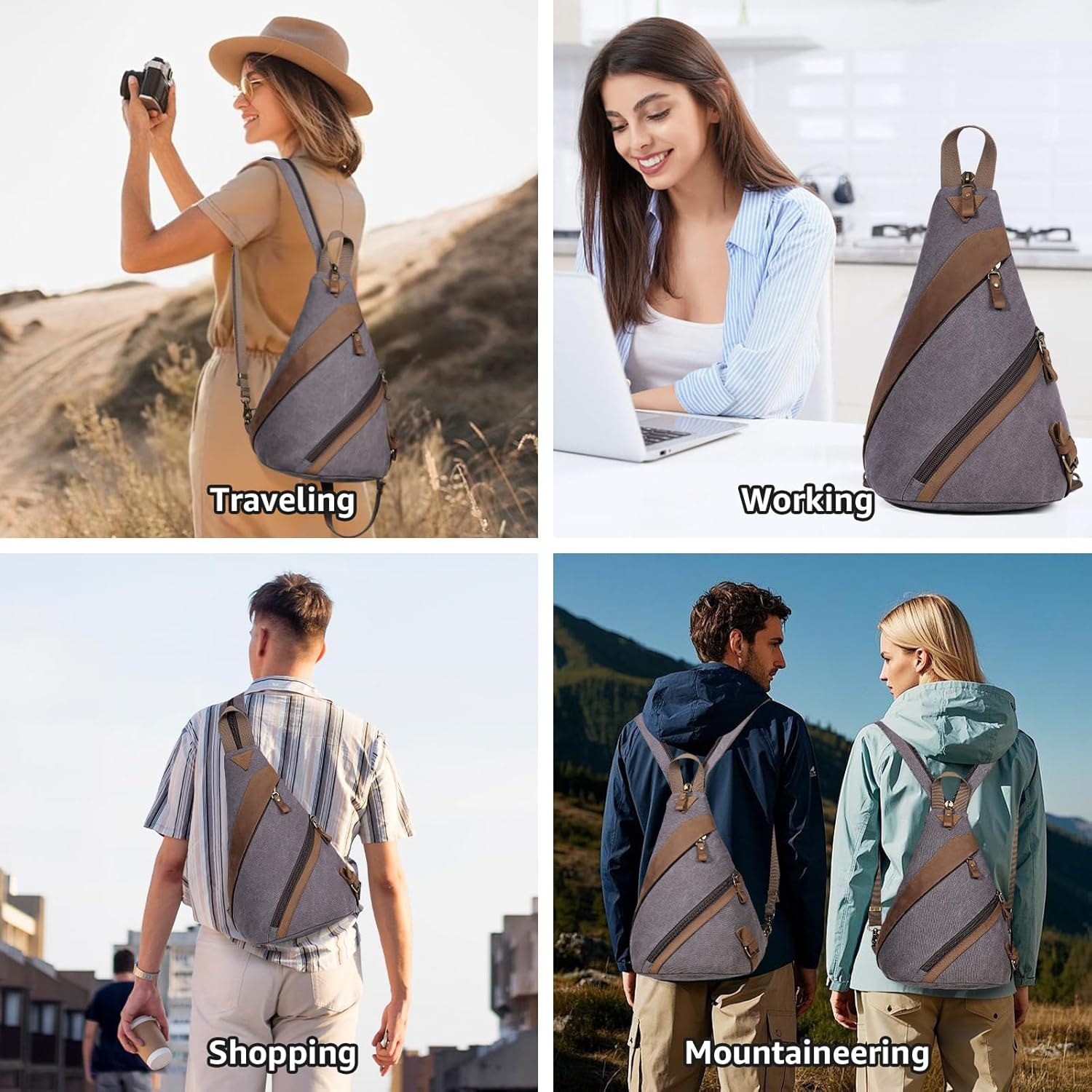KL928 Canvas Sling Bag for Men Women, Genuine Leather Design Shoulder Crossbody Bags Backpacks