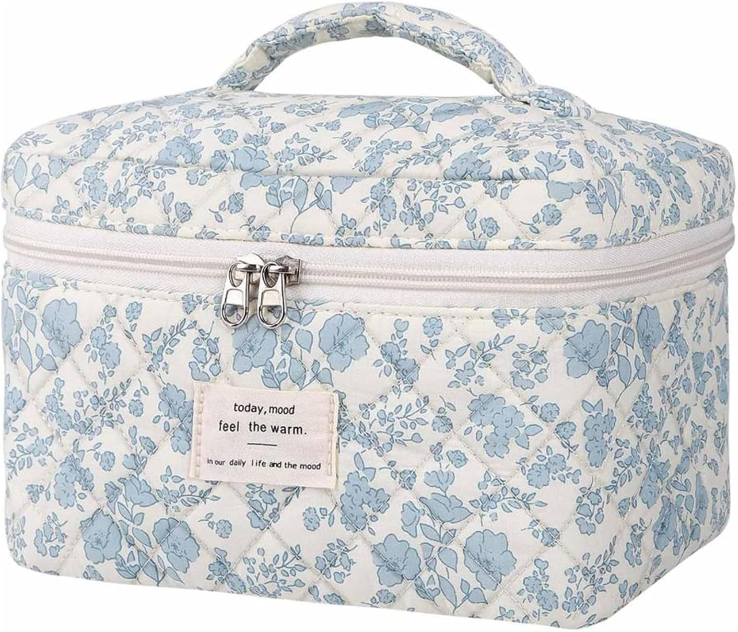 Quilted Makeup Bag, Large Makeup Bag, Cute Cosmetic Bag for Women Girls, Floral Coquette Aesthetic Travel Toiletry Make Up Organizer Bag-Light Blue