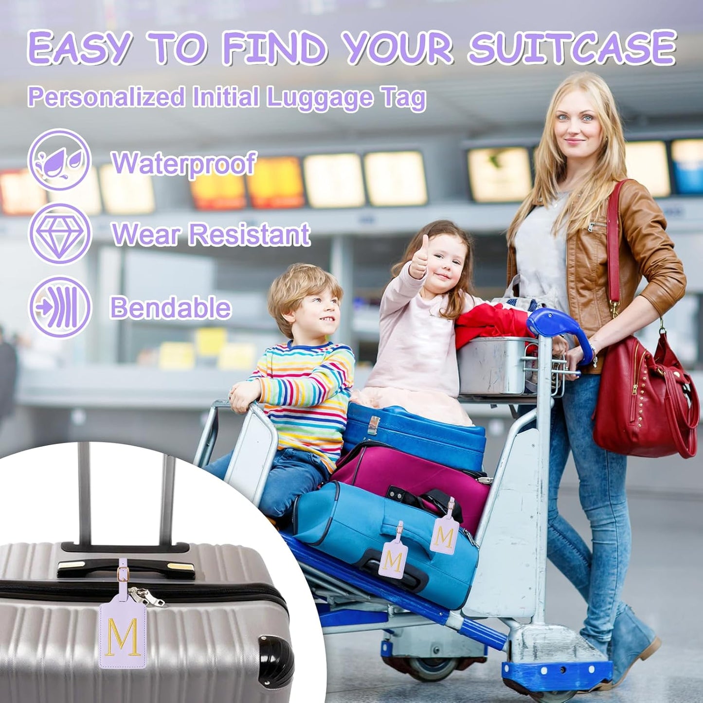 Personalized Initial Luggage Tags for Suitcases, Cute PU Leather Embroidered Letter Travel Luggage Tags, Suitcase Identifier Name Baggage Tag, Bag Tags for Men Women Kids Luggage Handbags(Purple M)