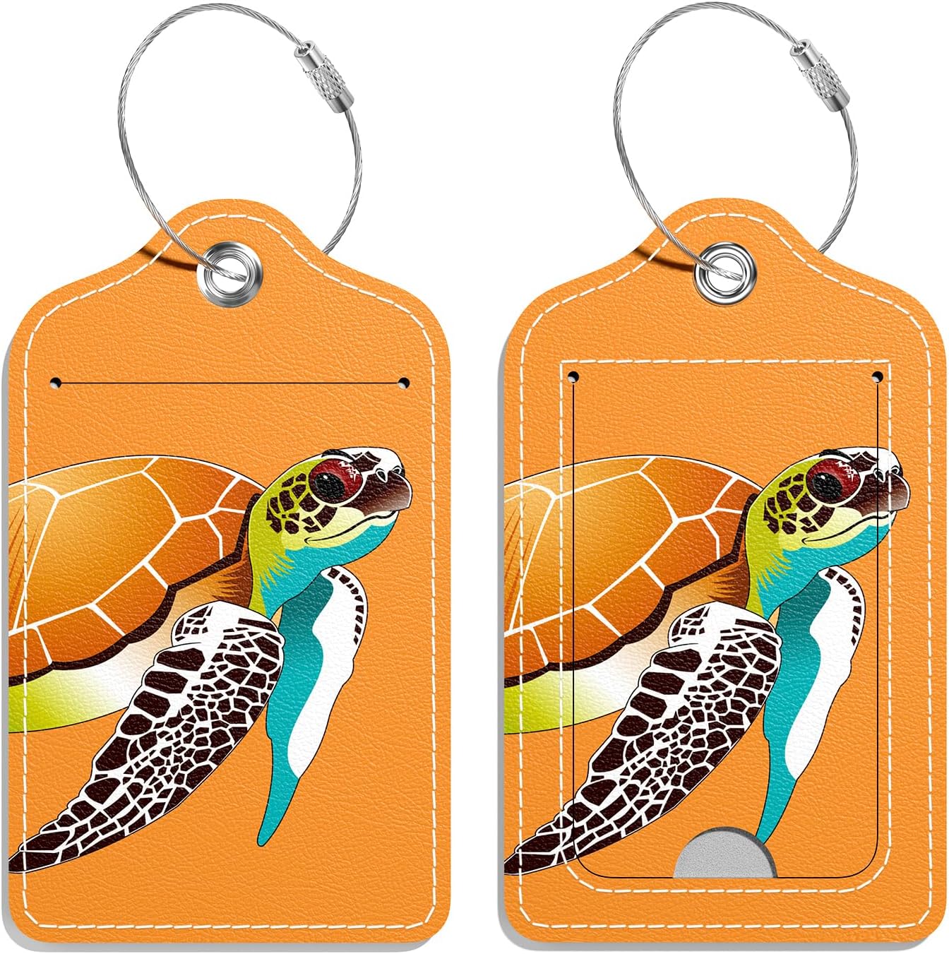 Luggage Tags for Suitcase, 2 Pack PU Leather Travel Cruise Luggage Tag with Privacy Flap, Name ID Label and Metal Loop for Women Men Girls Suitcase Baggage Bag Backpack, Turtles Orange