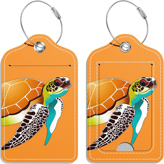 Luggage Tags for Suitcase, 2 Pack PU Leather Travel Cruise Luggage Tag with Privacy Flap, Name ID Label and Metal Loop for Women Men Girls Suitcase Baggage Bag Backpack, Turtles Orange