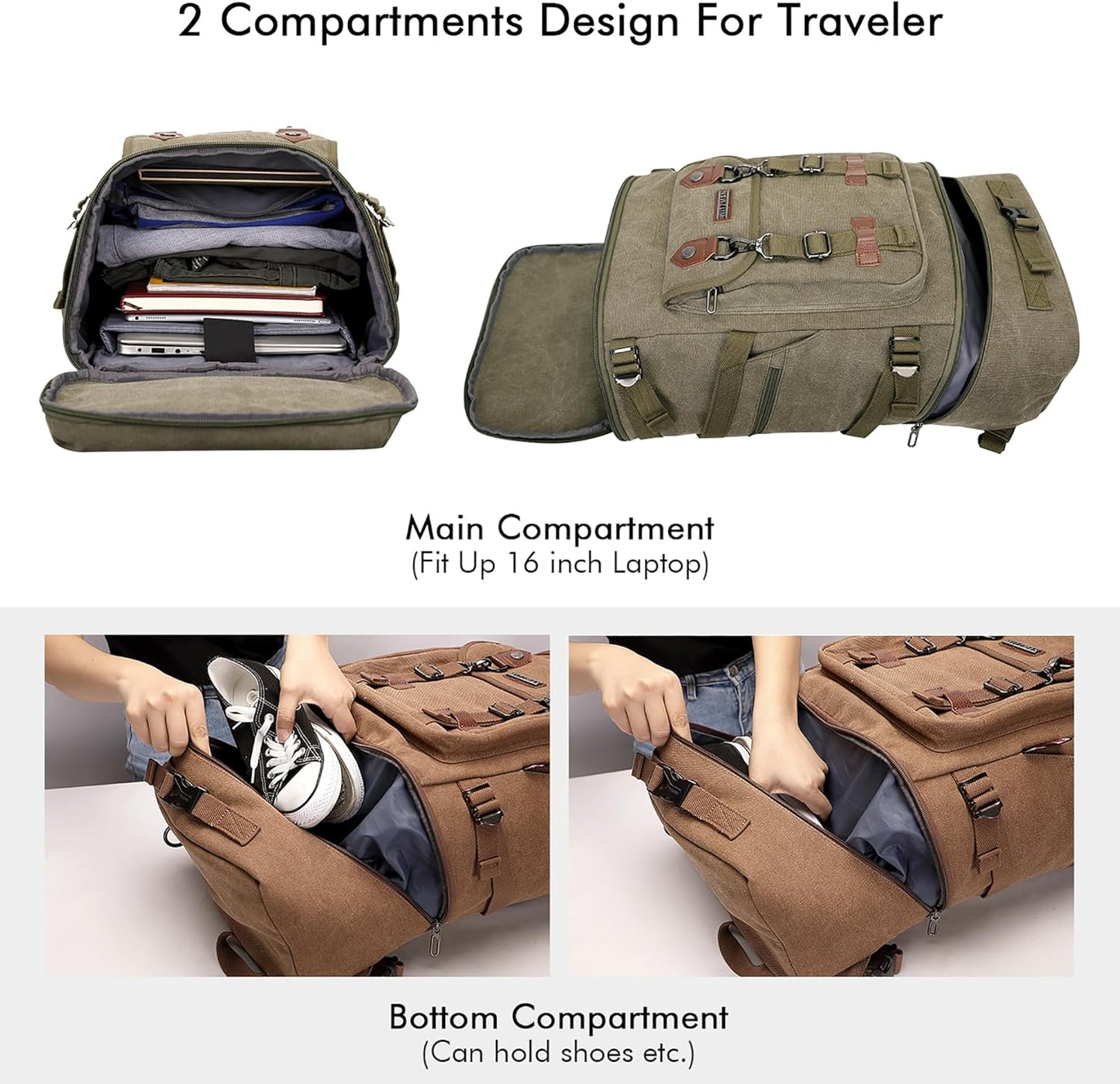 WITZMAN Travel Backpack for Men Women Canvas Backpack Carry on Luggage Rucksack Convertible Duffel Bag Large (A568 Army Green)