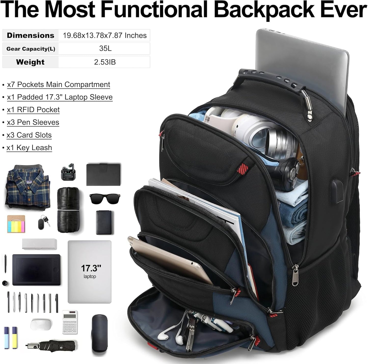 Boavan Laptop Backpack for men, 17.3 inch Laptop Bag with USB Port, Waterproof Travel Work Backpack
