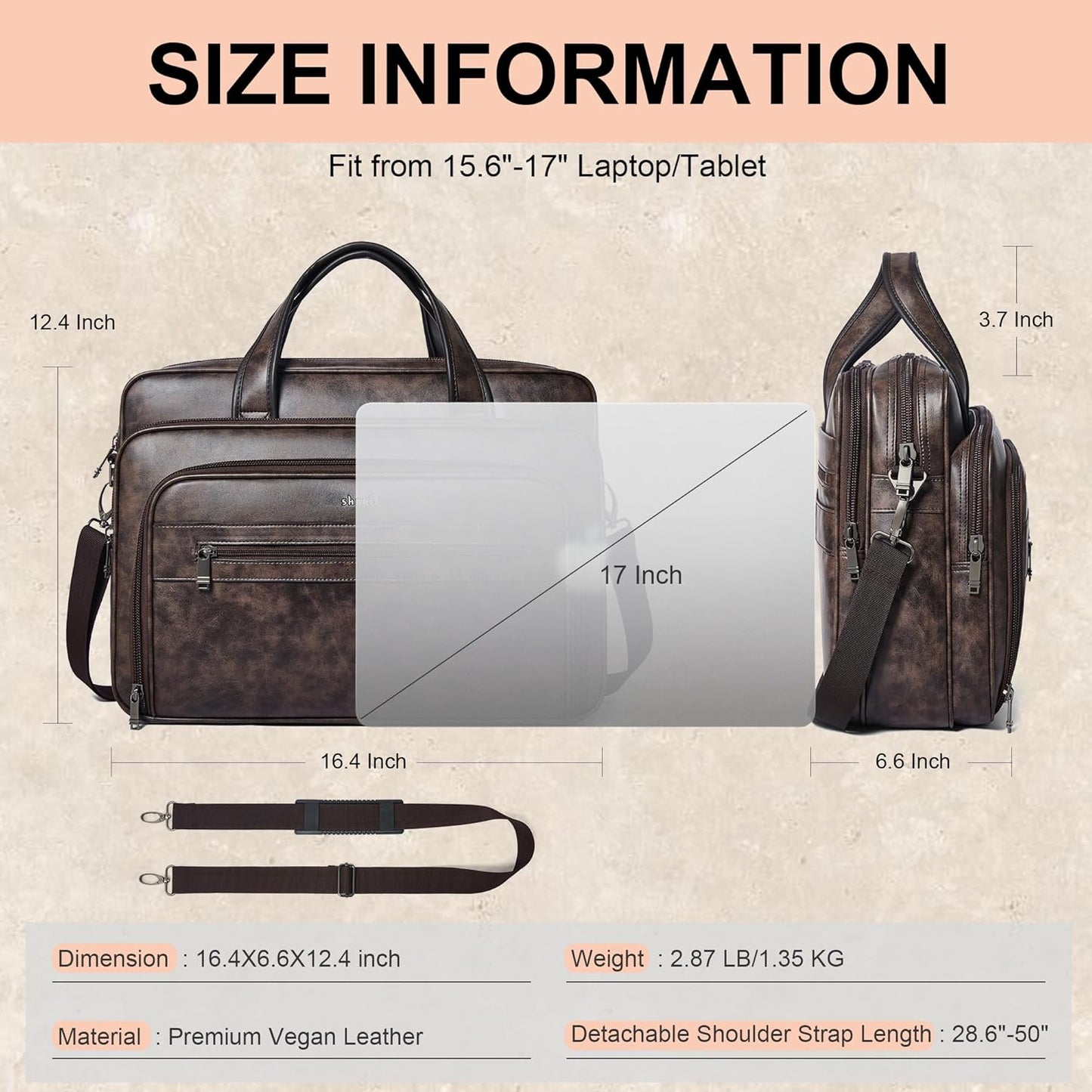 Shrrie Leather Messenger Bag for Men&Women 17 Inch Leather Laptop Bag,Water-Resistant Large Shoulder Satchel Office,Work