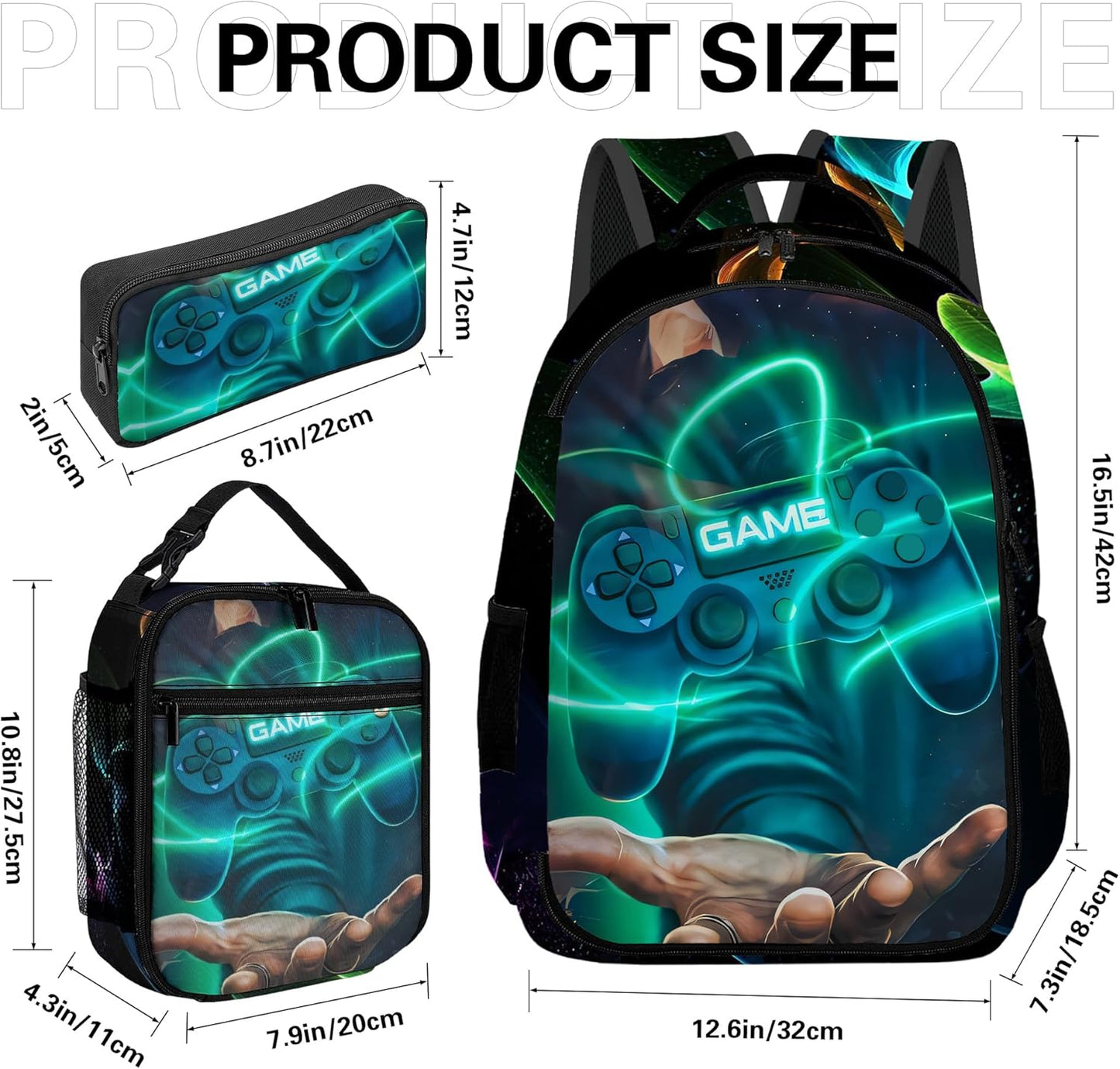 Game Backpack Set for Boys, Gaming Backpack 3 Pack, Boys Lunch Box, and Pencil Bag for Kids, 17"