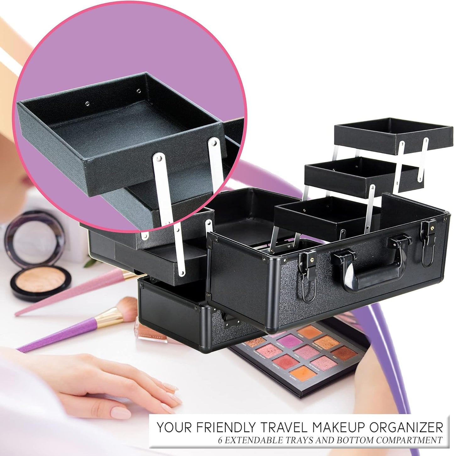 Ver Beauty Makeup Organizer, Cosmetic Travel Kit, Makeup Artist Supplies, 6-Tier Lockable Storage Box, Makeup Train Case, Aluminium Case, Lightweight & Portable Makeup Vanity (Black)