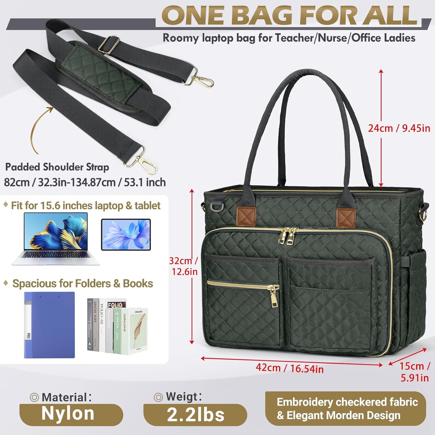 RAINSMORE Teacher Tote Bag 15.6 inch Laptop Bag for Women Work Bags Laptop Tote Nurse Bag Professional Computer Messenger with Insulated Pocket, Laptop Briefcase for Office, College, Nursing, Fog Blue
